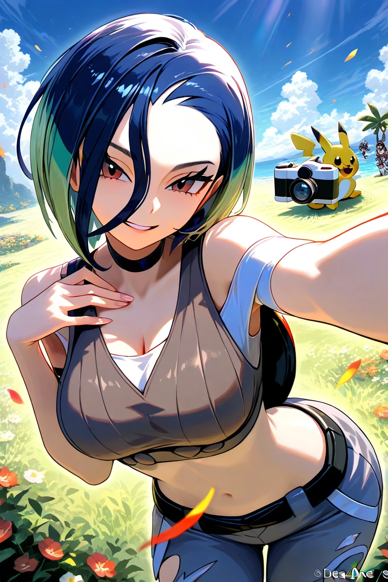 official art, (masterpiece, best quality, very aesthetic, newest),((Perrin(pokemon)), 黒いチョーカー,having SLRcamera,turime,only one Woman,seductive smile eyes,in pokemon SV game art style,(ideal ratio body proportions),light leaks,艶のある肌,Japanese popular fan art ,thin outline,(realistic painting)