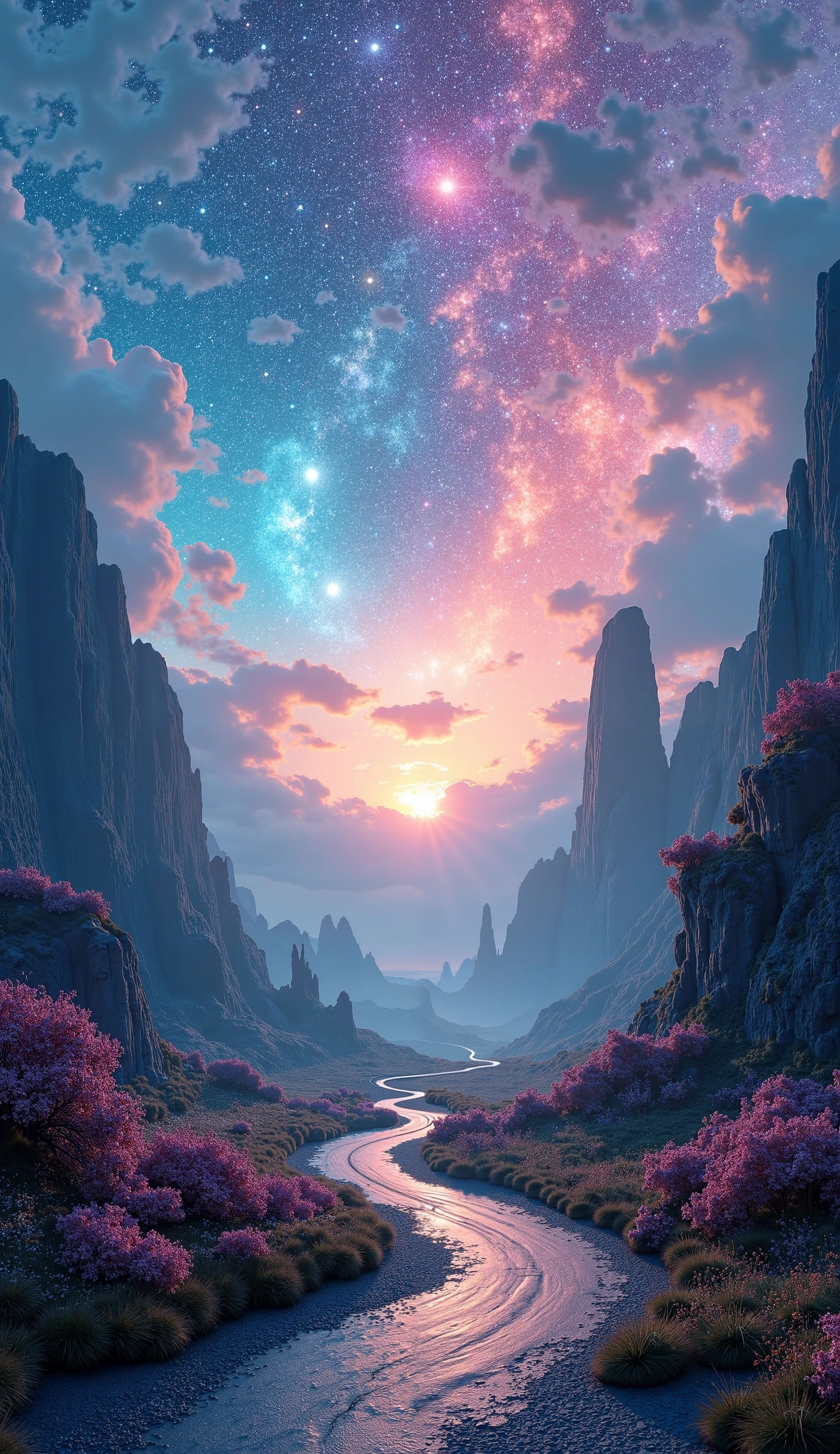 Painting of a river running through a valley with a mountain in the ...