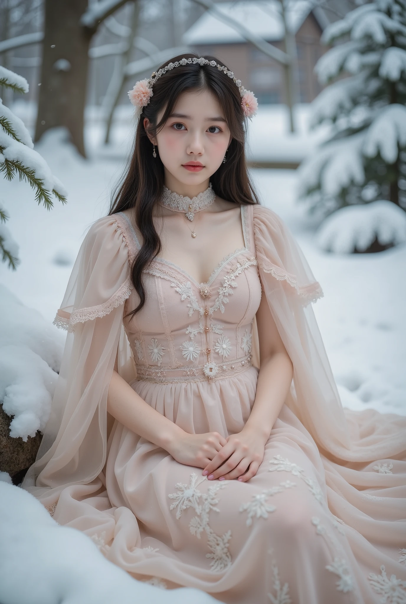 a young girl sitting wearing a ta style dress with a cape, detailed face and eyes, winter outdoor scene with snow, masterpiece, 8k, highly detailed, photorealistic, dramatic lighting, muted color palette, cinematic composition