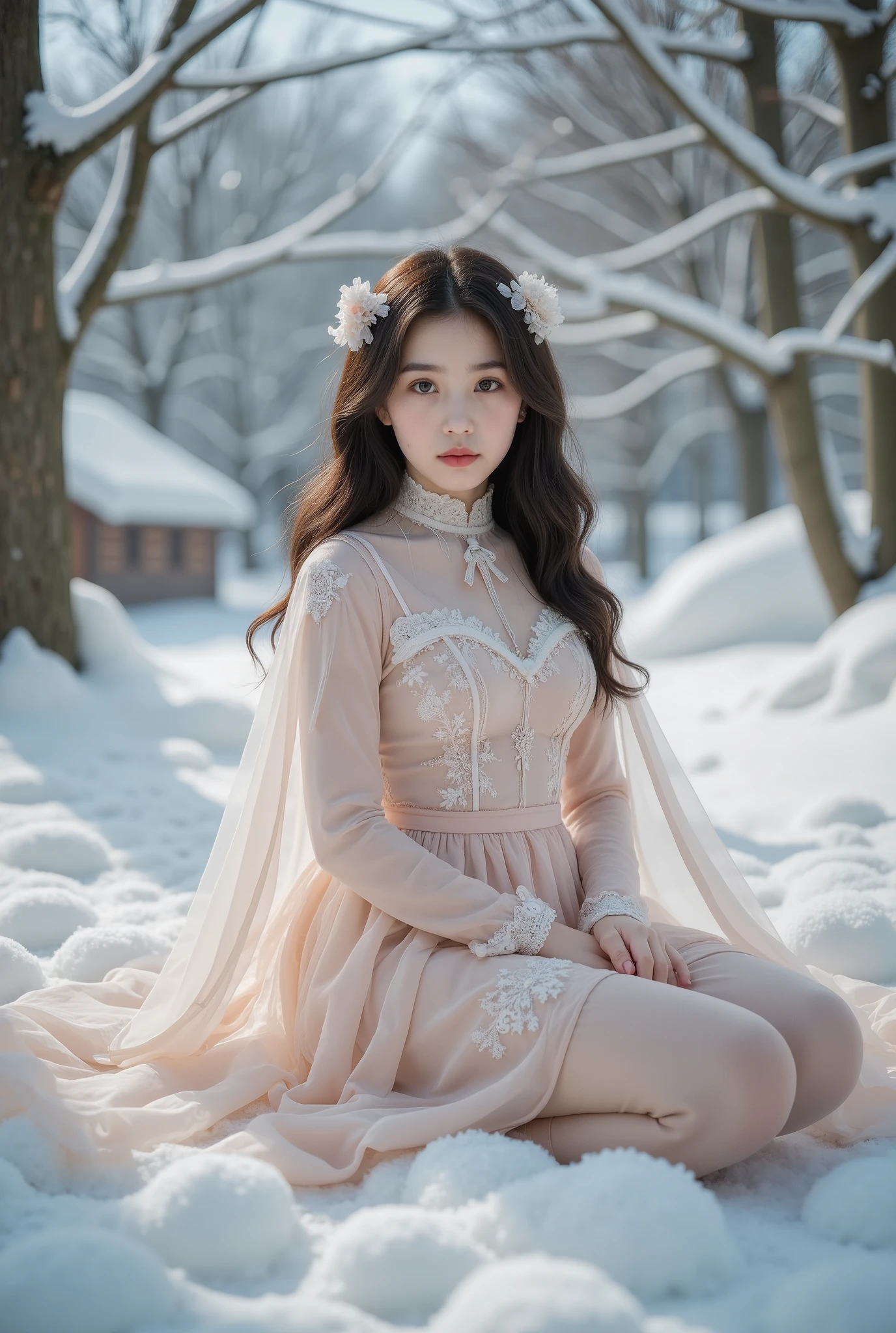 a young girl sitting wearing a ta style dress with a cape, detailed face and eyes, winter outdoor scene with snow, masterpiece, 8k, highly detailed, photorealistic, dramatic lighting, muted color palette, cinematic composition