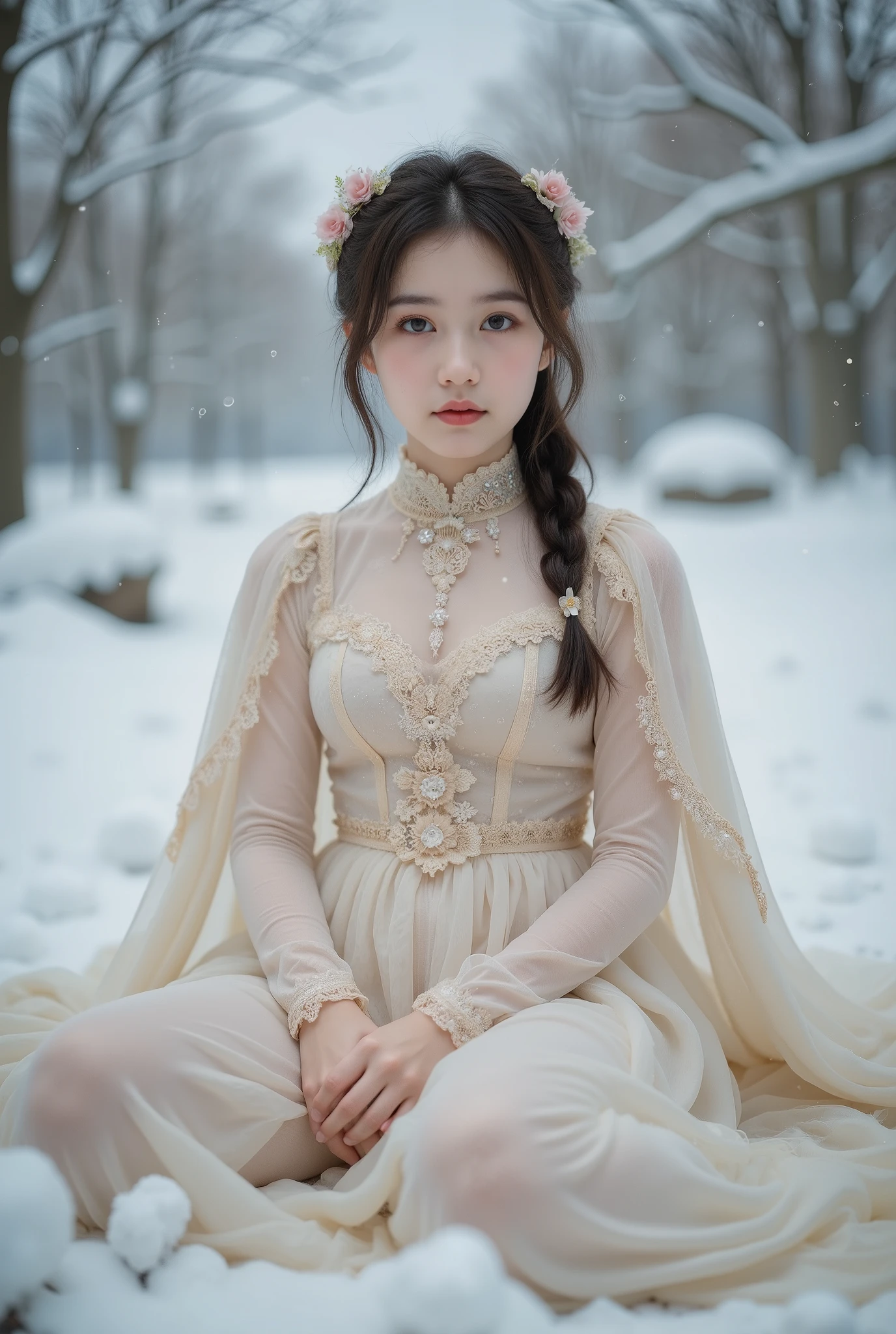 a young girl sitting wearing a lolita style dress with a cape, detailed face and eyes, winter outdoor scene with snow, masterpiece, 8k, highly detailed, photorealistic, dramatic lighting, muted color palette, cinematic composition