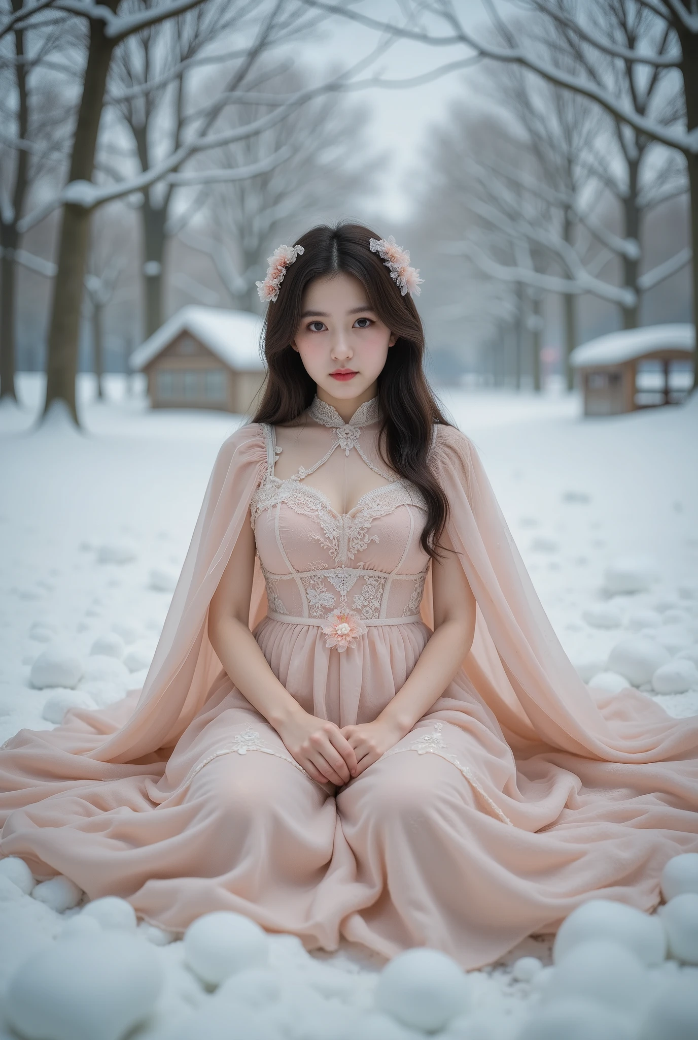 a young girl sitting wearing a ta style dress with a cape, detailed face and eyes, winter outdoor scene with snow, masterpiece, 8k, highly detailed, photorealistic, dramatic lighting, muted color palette, cinematic composition