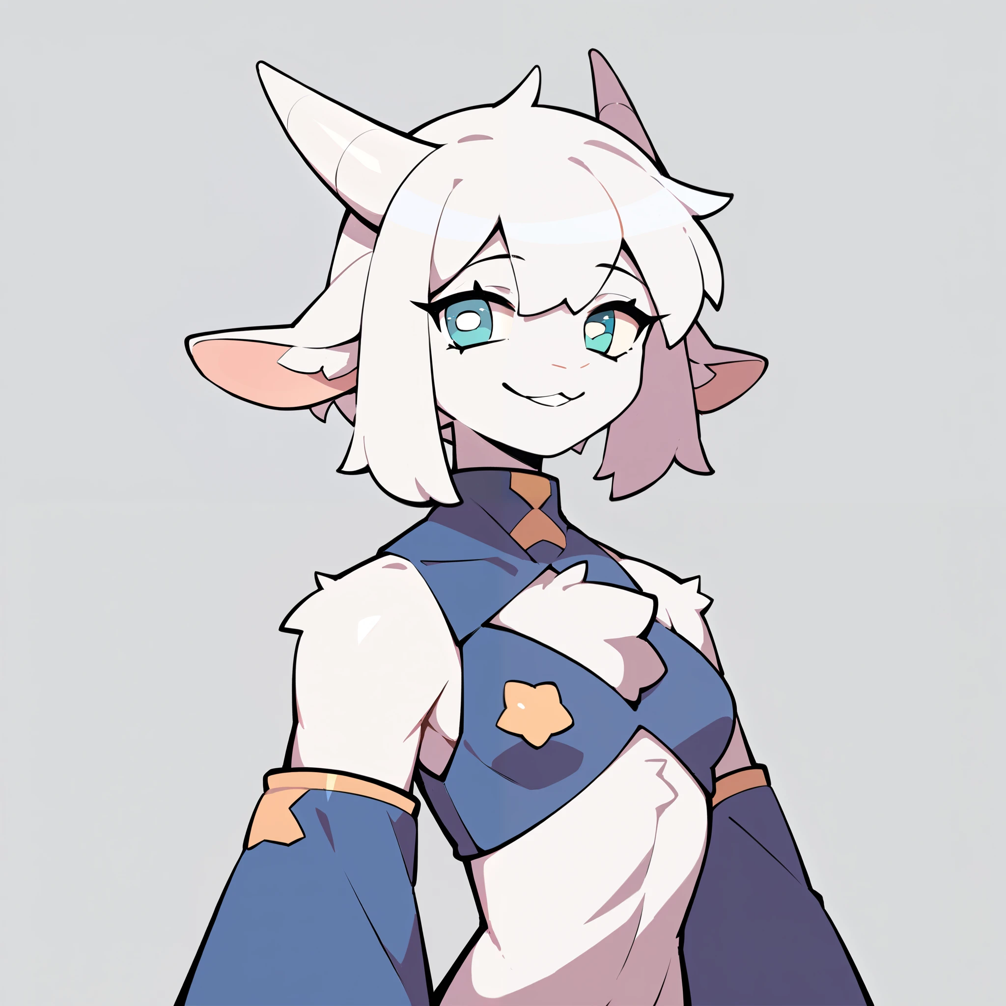 Masterpiece, Best Quality, Ultra-Detailed, 1girl, anime characters:solo, furry, goat furry, white fur, long horns, young, female focus, breast, girly, fantasy clothes, explorer clothes, only, Upper body, alone, white hair, white fur, green pupils, Grey background, simple background, amazing quality, best aesthetics, bright pupils, happy smile, happy face, best quality