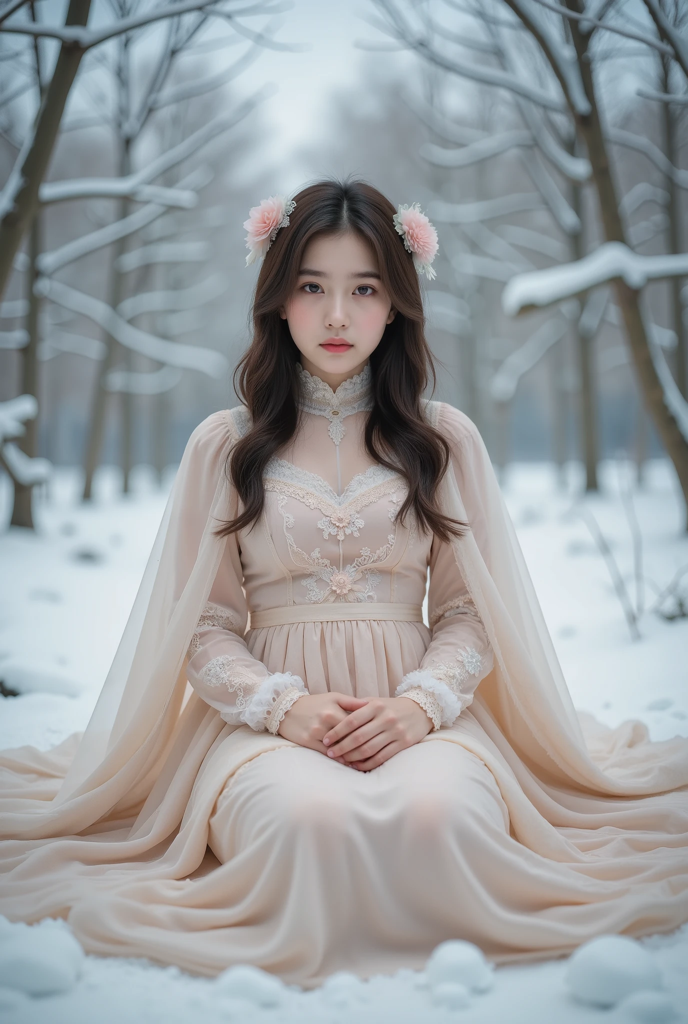 a young girl sitting wearing a ta style dress with a cape, detailed face and eyes, winter outdoor scene with snow, masterpiece, 8k, highly detailed, photorealistic, dramatic lighting, muted color palette, cinematic composition