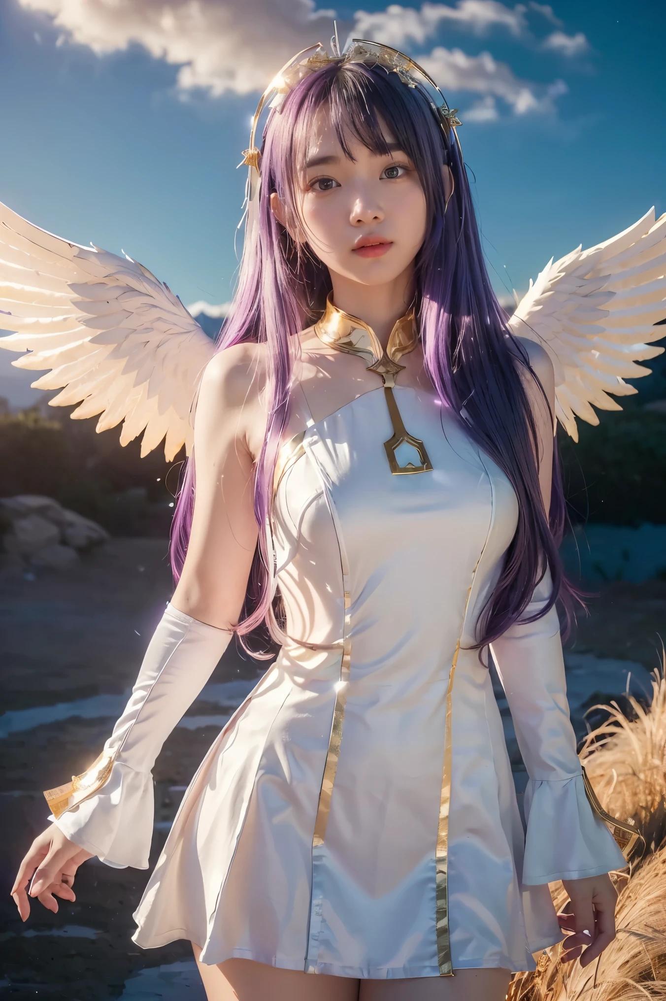((masterpiece, best quality, extremely detailed), volumetric lighting, ambient occlusion, colorful, glowing), 1girl, solo, young girl, (purple hair), long hair, halo, aura, sacred, goddess, cleric suit, (white outfit with gold detailst:1.3), angel wings, outdoors, sunset, sky, clouds, space, (fantasy theme:1.2),