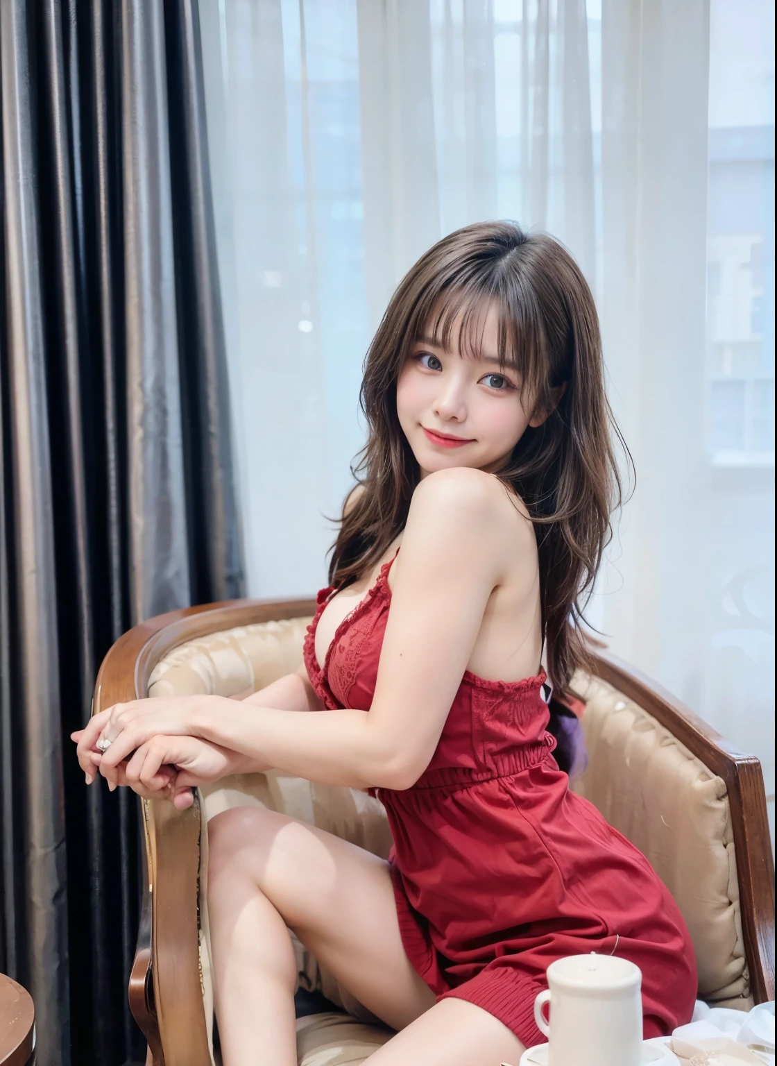 Japanese female, (underweight), (medium bust best quality:1.0), 30 years old, (cheerful grin:1.3),NSFW,
party venue, delightful, sitting, ((legs spread:1.5)), shiny hair, medium hair, (long night dress), (light red Clothes), necklace, in the restaurant, with a sofa, full body shot, front view, from below,