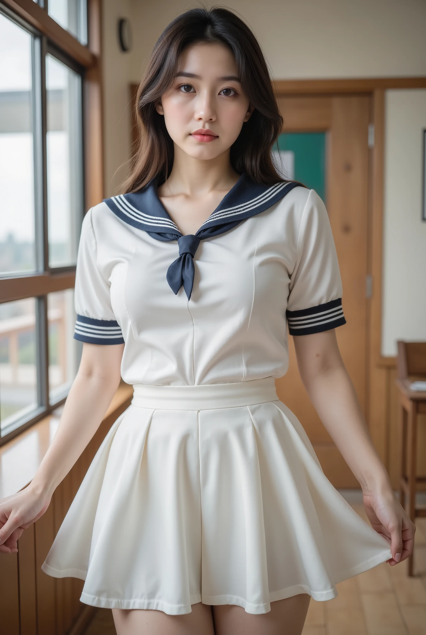 best qality,Jeizuo,super high resolution,(lifelike:1.4),original photo,Head photo,skin,Simple background,Black eyes,detail, 1个gal girl,deserts,Look at the sky,realistice,Full body photo,Sailor suit,Short pleated skirt,socks,shoes