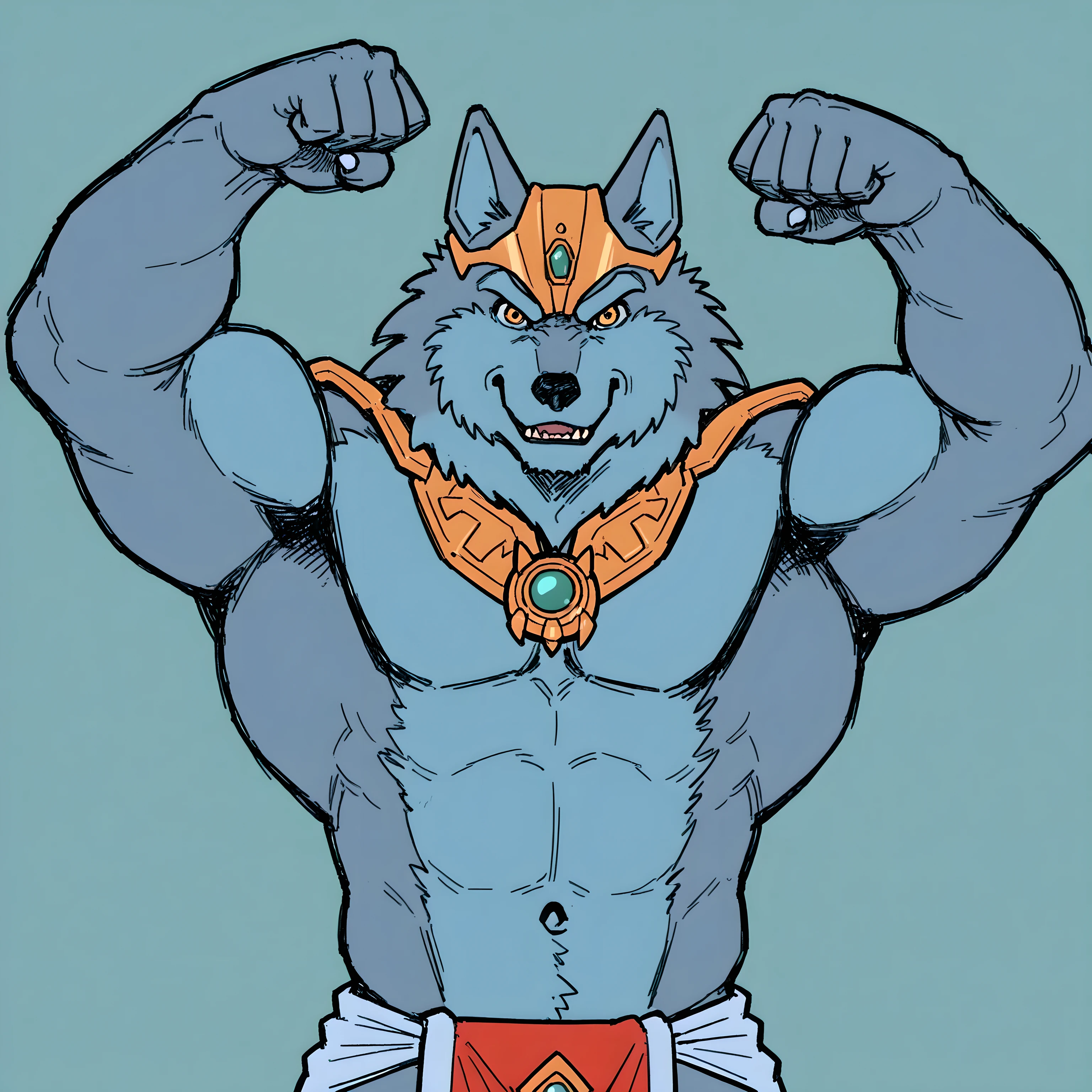 greyfus, wolf, flat color, male, muscular, simple background, looking at viewer, anthro, loincloth, bare chest, half body, front view, flexing biceps, flexing