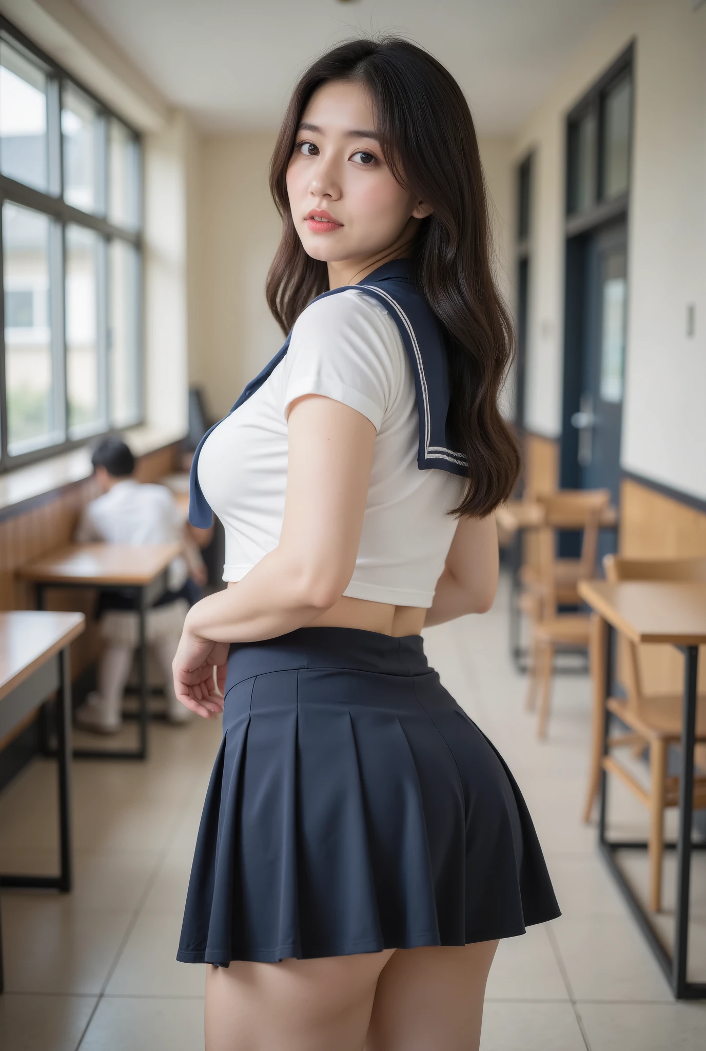 ( Super Cute Young Face ),
(Japanese idol's face :1),
very beautiful cute big breasted girl,
(Sailor High School :1.1),
(beautiful pleated skirt :1,5),
Professional photographer,
full body photo,Big Ass