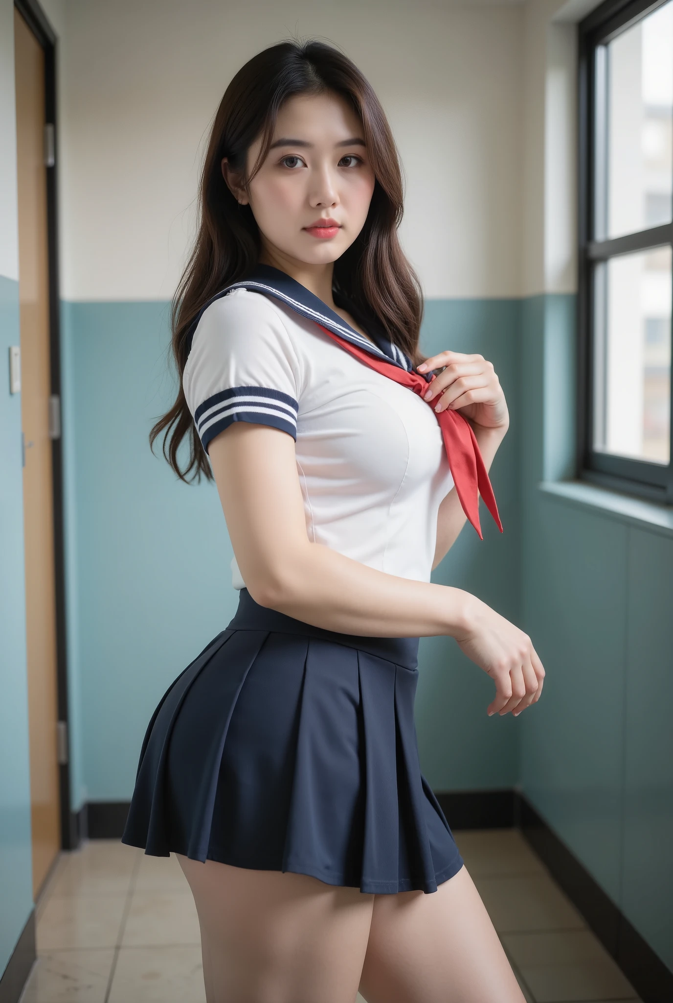 (  Super Cute Young Face  ),
(Japanese idol's face :1),
very beautiful cute big breasted girl,
(Sailor High School :1.1),
(beautiful pleated skirt :1,5),
Professional photographer, 
 full body photo，Big Ass