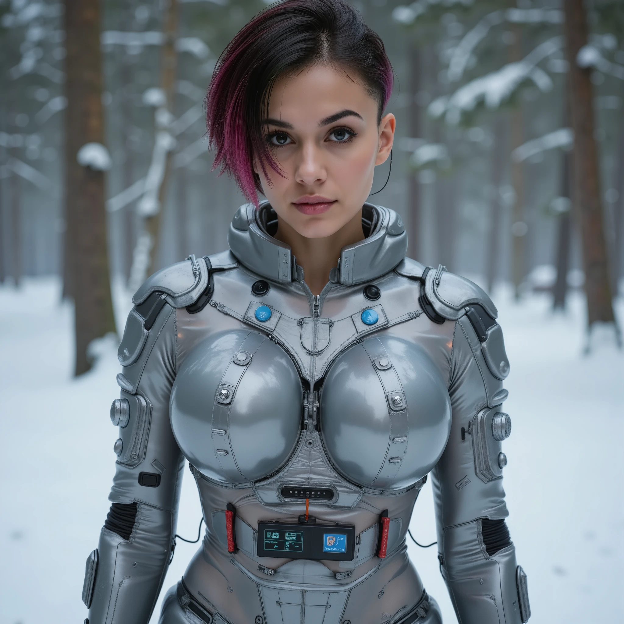highquality electrobdsm photo, photorealistic fullbody sideview of young (((fullbreasted))) cyberpunk ((Judy Alvarez)), unmade face, colourless lips, ((((looking into camera, looking determined, dominant into camera, little cynical smile)))), (((((cyber-interface on head with cable))))), ((((fully clothed in clear transparent, grey and silver closed fullbody+head latex scifi spacesuit completely covered by a symmetrical technical pattern of large flat round electrodes, parralel cables, small electronic controlboxes and controlpanels)))), tight waist, (((((enormous huge round breasts completely covered by 2 huge flat electrostimulators with plugs, controls and large cables, blue static electricity))))), (((((big electric vibrator with controlpanel between legs))))), ((((standing inmidst snowy winterforest)))), slim body, ((((((uncovered ears)))))), ((((hyper detailed)))), ultra sharp focus, 8k, uhd, realistic, low saturation, low contrast, ultra realistic colours, ultra realistic skin, only uncoloured light