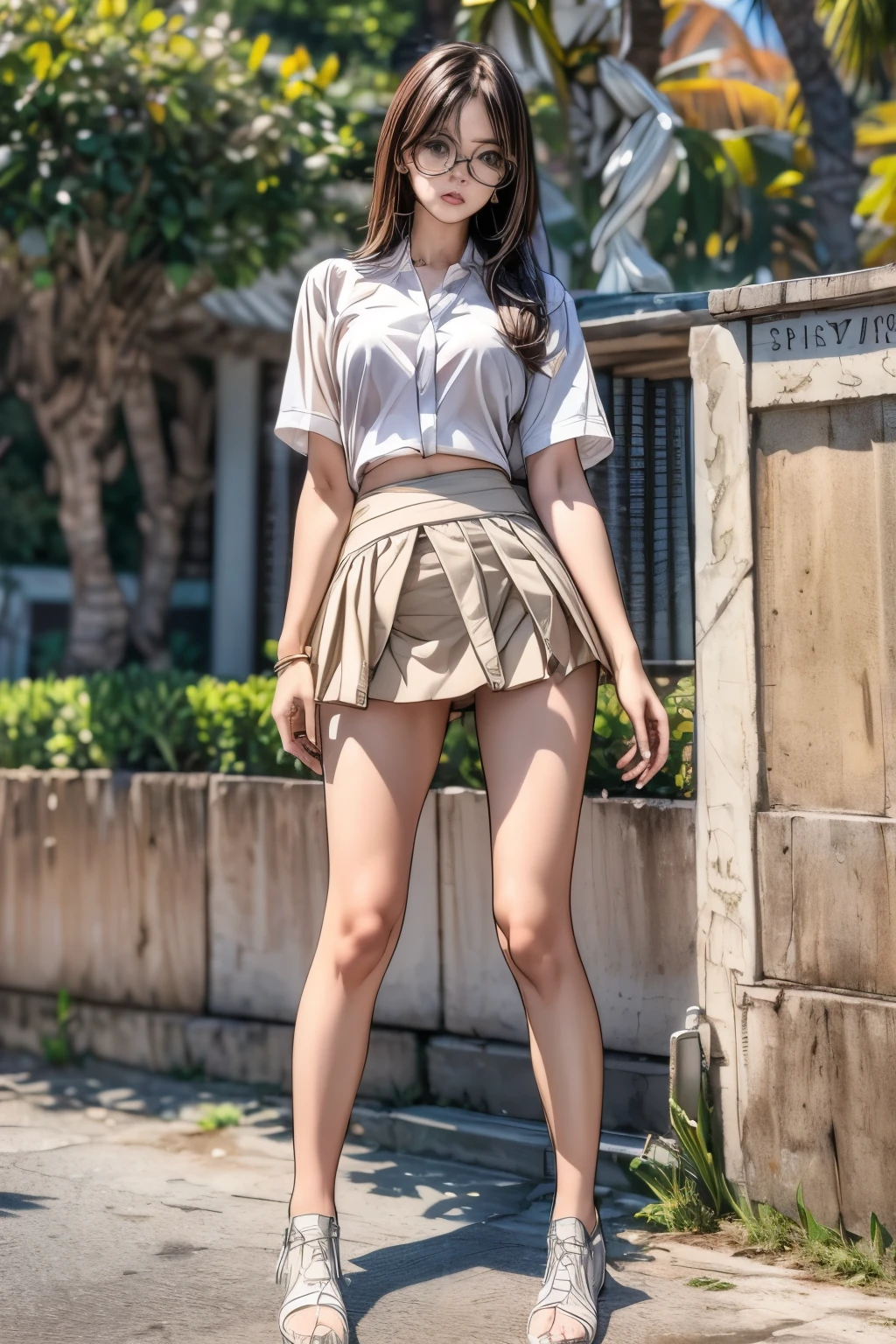 18 years old girl, (((at park))), (transparent cream color button-shirt), (mini skirt:1.6), (brown skirt), RAW photo, (photorealistic:1.37, realistic), highly detailed CG unified 8K wallpapers, 1girl, ((slender body:1)), (small breasts:1.3), looking at viewer, ((straight from front)), (HQ skin:1.2), (clean skin:1.2), 8k uhd, dslr, soft lighting, high quality, film grain, Fujifilm XT3, (full body:0.8) , tokyolagii , (bold glasses), full body in, perfect body, two legs, long legs, naval, (wide waist:1.2), (big tigh:1.3), crop top, oversized, (cleavage:0.7), sad, blushing