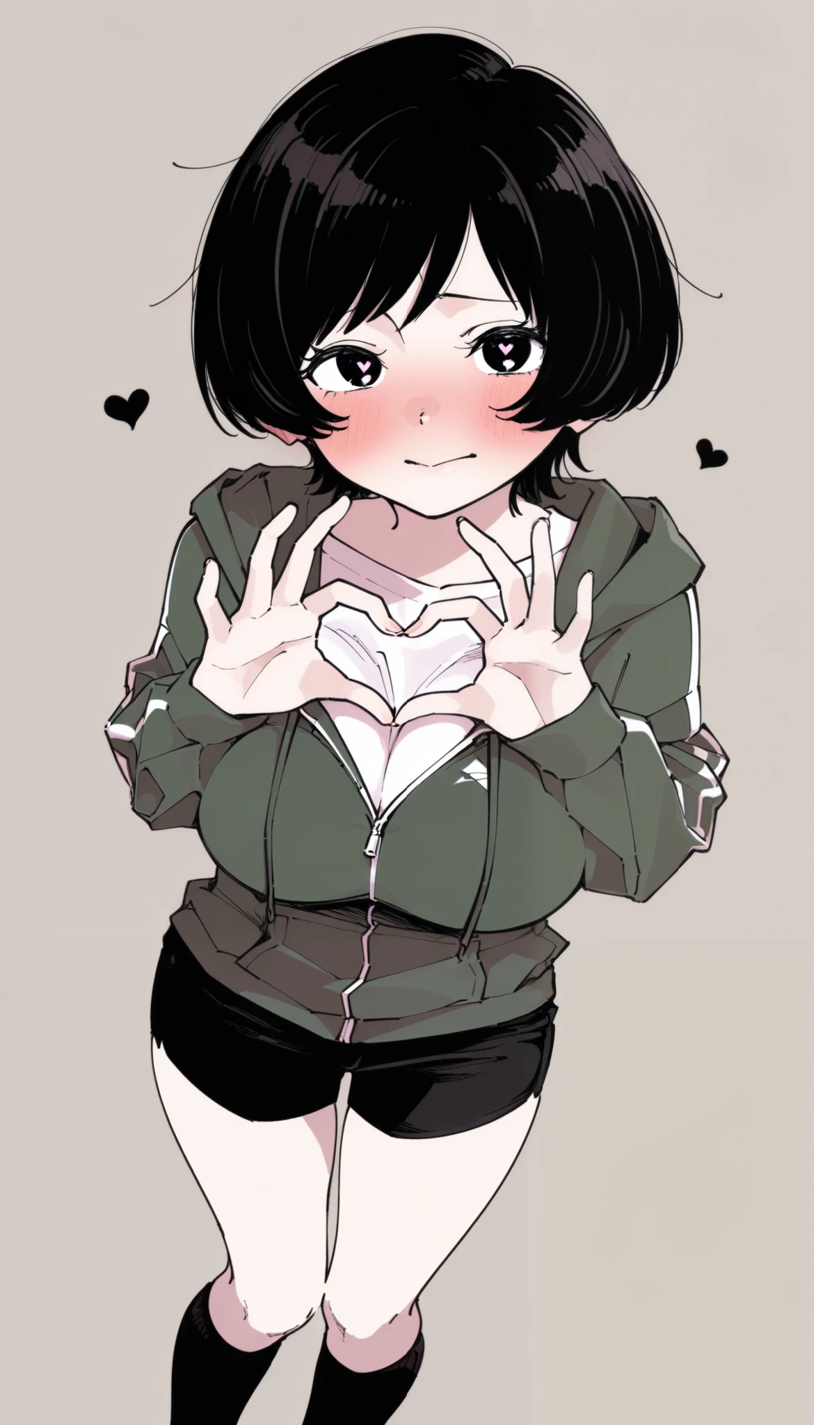 score_9, score_8_up, score_7_up, score_6_up, score_5_up, score_4_up, (masterpiece: 1.0), best quality, 1girl , Alone, Viewer, simple background , short hair, demon, 小demon, shy, demon服装, demon犄角, Heart gesture , charming, blush, From above, big breasts, style: midjourney, cute