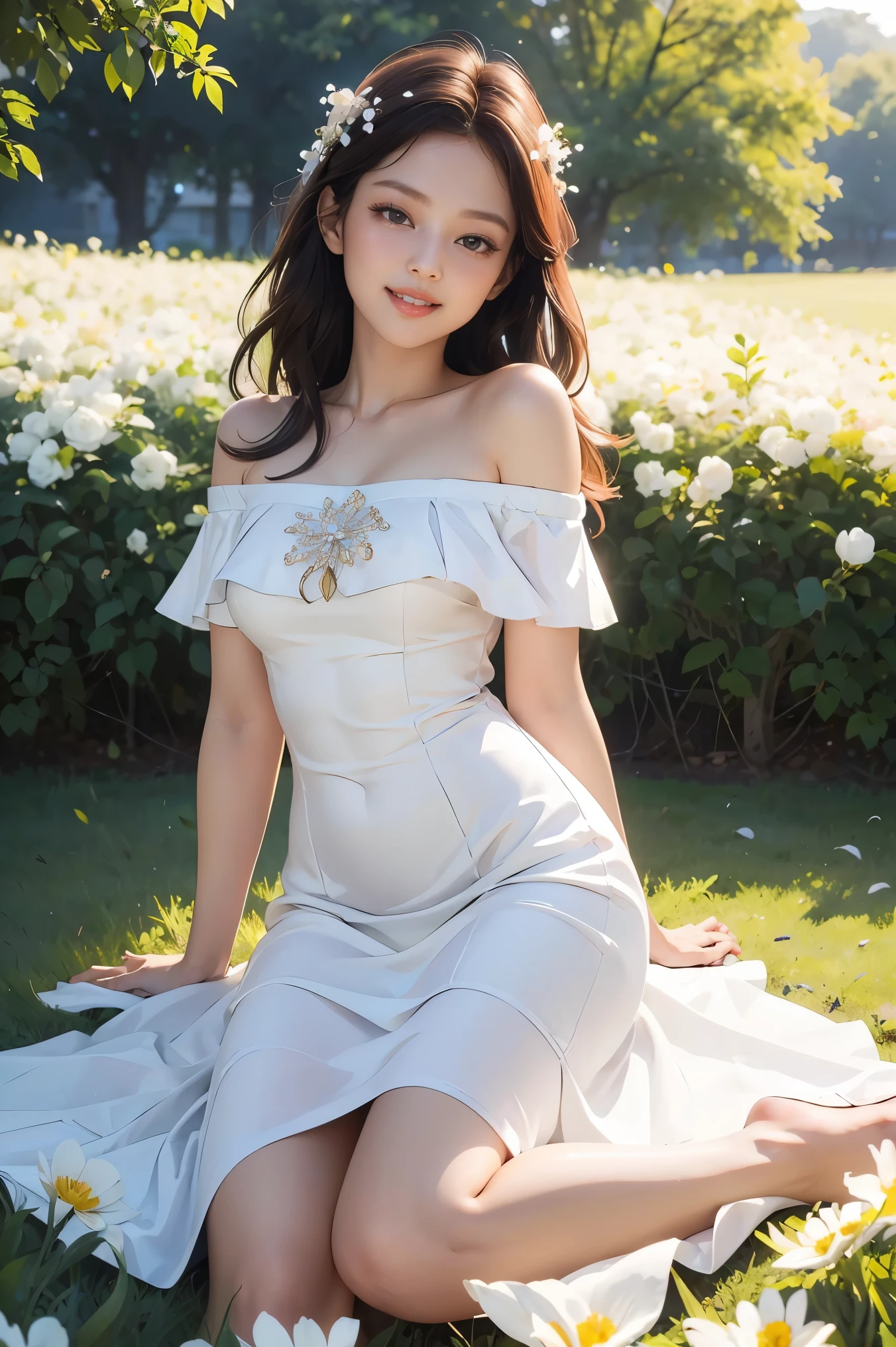 (best quality,highres:1.2),nurse outfit,white dress,beautiful detailed eyes,beautiful detailed lips,soft and gentle expression,1 girl,medium:oil painting,floral garden,peaceful atmosphere,soft sunlight filtering through the trees,subtle color palette,naturalistic,subtle shadows,vivid flowers,delicate brushstrokes,carefully crafted details,feminine and elegant,light and airy ambiance,serene and tranquil scene,subtle hint of romance,majestic trees in the background.
