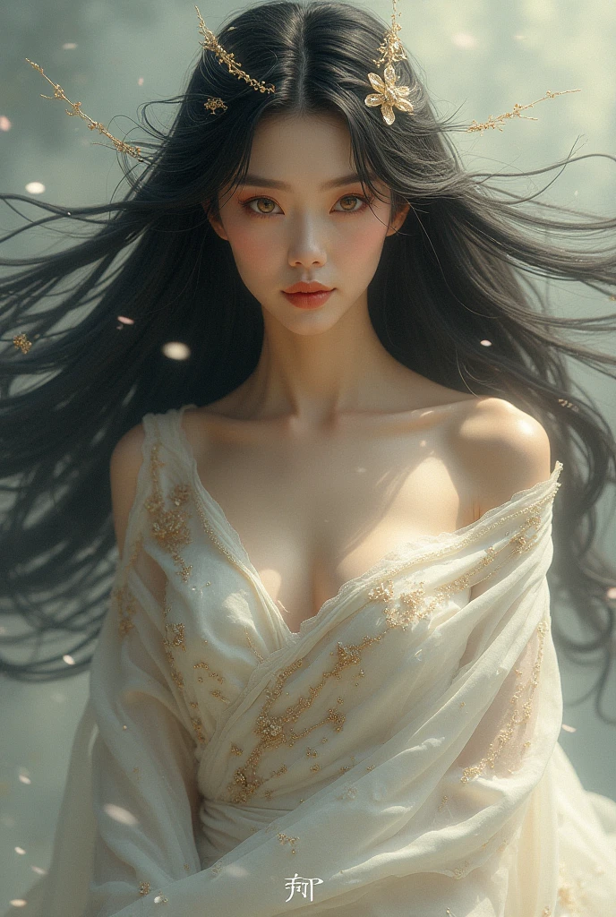 Beautiful Goddess Tsukuyomi, whole body, Japanese Goddess, Beautiful black hair
