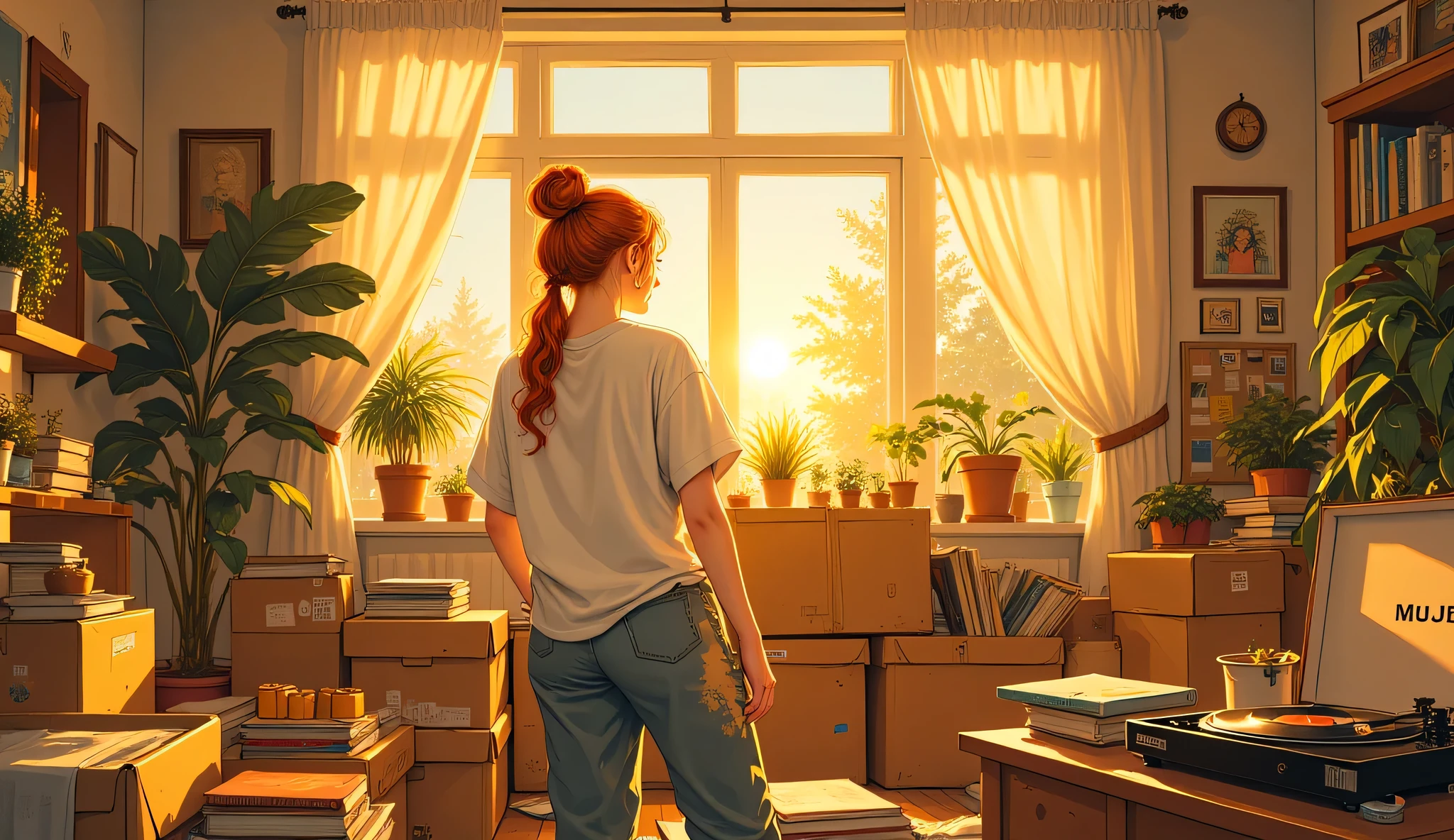 A cozy cottage interior at sunset. A young woman with long ginger hair tied in a messy bun, wearing an oversized vintage t-shirt and comfortable pants, unpacking boxes in her new living room. Warm golden light streams through large windows with white curtains gently moving in the breeze. Half-unpacked boxes scattered around, showing art supplies, books, and vinyl records. Plants being placed on windowsills. Art pieces leaning against walls waiting to be hung. A vintage record player already set up in the corner playing music. Dust particles visible in sunbeams. Some polaroid photos already pinned to a cork board. Cottage core aesthetic with lo-fi elements. 4K, detailed illustration with focus on creating a warm, hopeful atmosphere.