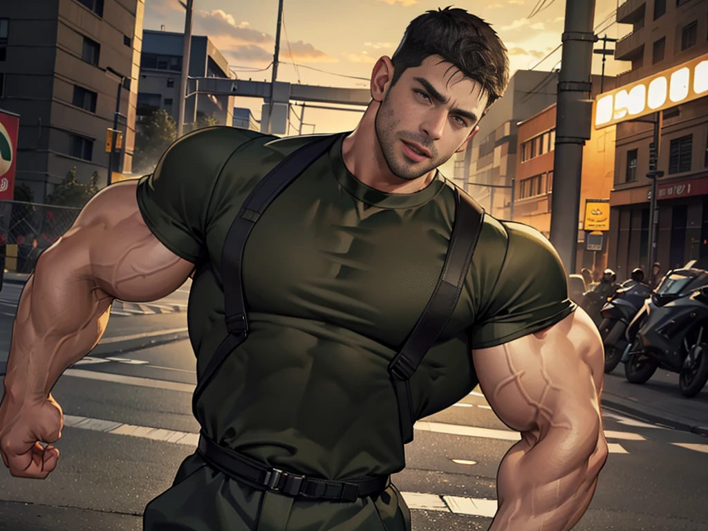 (Create a masterpiece: 1.2),(CGI art:1.3),(realistic:1.5),(After processing:1.3),(Sharp focus:1.3),1 man ,sunglass, straight, front ,Chris Redfield ,(black hair), smile open mouth, (Wear color olive green shirt with a Police badge: 1.2), olive green cargo, Korean guy , korean men, (High gloss details), chest muscles, large arm muscles, blood vessel, Big muscles, Broad shoulders, looking at the audience, Balancing the eyes, middle of the road,(Run and fight:1.6)