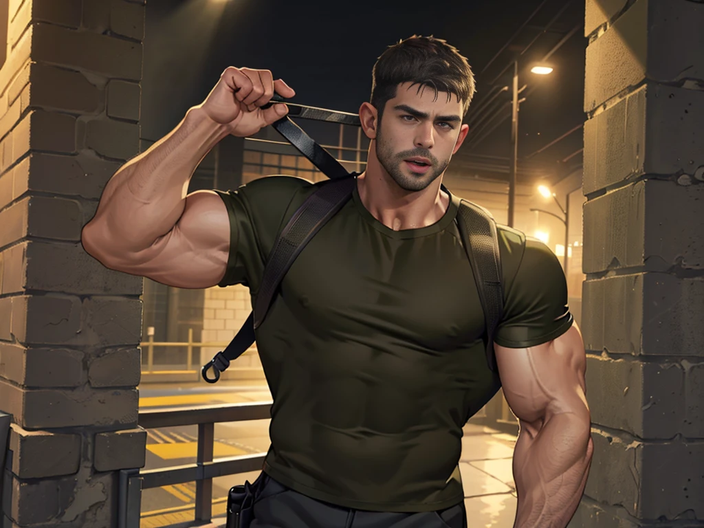 (Create a masterpiece: 1.2),(CGI art:1.3),(realistic:1.5),(After processing:1.3),(Sharp focus:1.3), man holding a gun , (gun:1.5) , straight, front ,Chris Redfield ,(black hair), smile open mouth, (Wear color olive green round neck T-shirt: 1.5), (with a Police badge: 1.2), olive green cargo, Korean guy , korean men, (High gloss details), chest muscles, large arm muscles, blood vessel, Big muscles, Broad shoulders, looking at the audience, Balancing the eyes, middle of the road , (Carrying a black backpack: 1.3) ,walk to camera