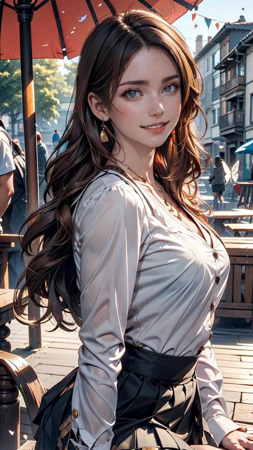 masterpiece, Highest quality, Official Art, (Highly detailed CG Unity 8K wallpapers), Detailed Background, (The Hands of Guido Daniele: 1.1), The legs are detached from the frame, First Person View, 1, Attractive and perfect beautiful woman, high school girl, JK, high school girl Uniform, Wet day, Lots of rain, the wind is strong, (Curvaceous), ( White thighs: 1.12), (Brown long hair: 1.12), (Ahoge (1.13), (High Ponytail: 1.12), (Green Eyes: 1.13), big, (Cleavage), Beautiful Face, (blush: 1.11), (smile: 1.11)