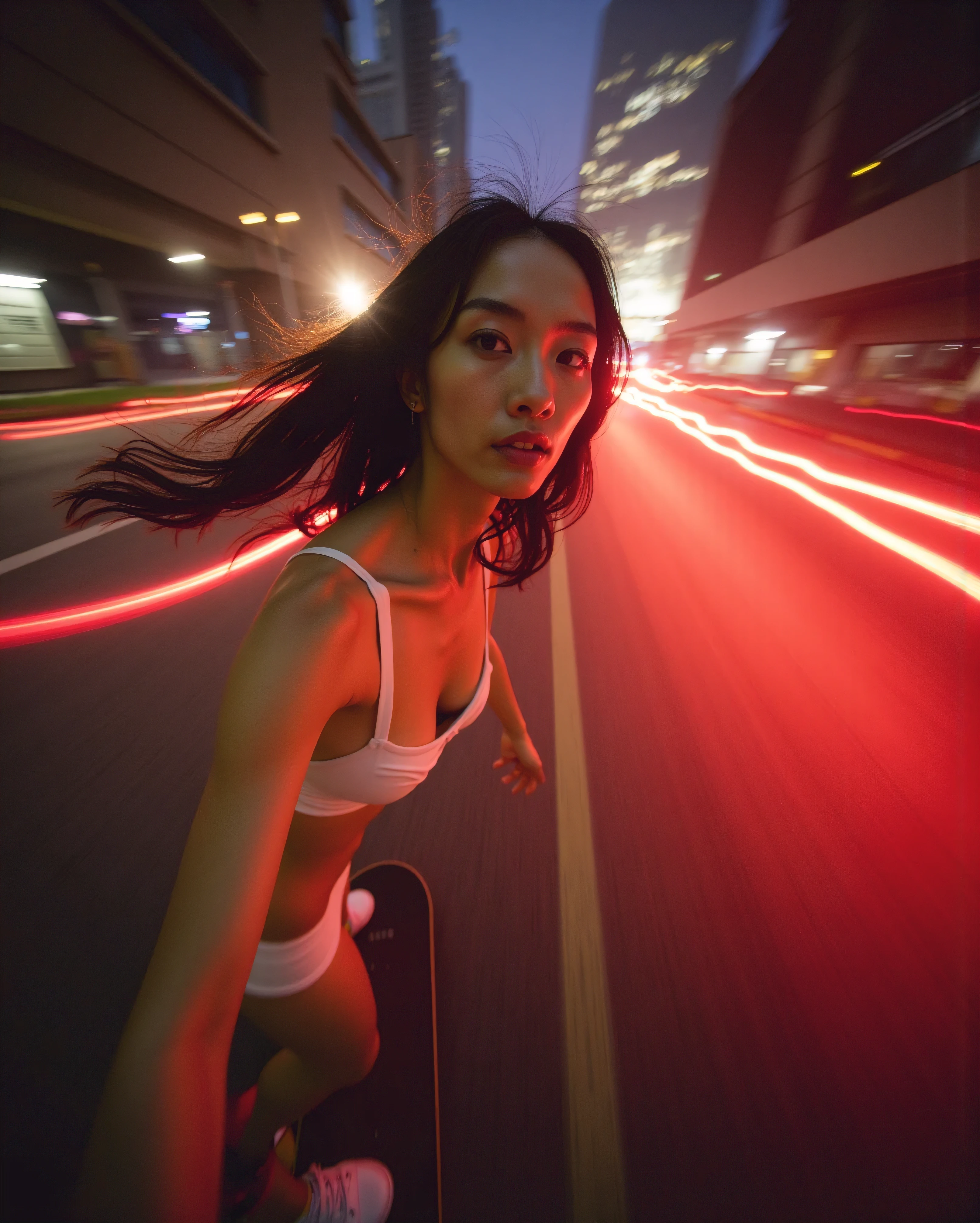 (((Full body view))), (((view from down bellow:1.8))), (((Photorealistic:1.3))), (((extreme motion blur timelapse photography of many glowing red cars passing by))), Cinematic photography of a tall skinny beautiful China sensual supermodel Liu Wen on a skateboard riding down a winding road on a very high speed with many glowing red cars passing by in the dark empty neon cyberpunk futuristic Shanghai city street, (((Liu Wen very realistic face:1.8))), (((very beautiful thin face))), (((messy hair blows by the wind))), (((perfect detailed eyes, very gaze))), very pointy nose, very sensual smile, (((very skinny sensual tall body))), wearing a (((very very tiny strapless-bra))), textured skin, riding (((on a skateboard:1.5))), (((riding down a winding road:1.posing her very beautiful round ))), (((very large protruding))), (((very very realistic protruding :1.3))), (((slim abs))), (((very skinny legs))), wearing a (((very very boxer-panty))), exposing her ((( ))), wraring (((white hi-tech sneaker shoes))), (((perfect skinny ))), (((sensual dynamic pose:1.5))), (((very dynamic skateboarding style:1.5))), background is (((a very extreme motion blur of a lot of high-speed glowing red cars passing by:1.5))) inside a dark empty neon cyberpunk futuristic Shanghai city street, dark neon cyberpunk futuristic city street scene, (((cinematic neon blue lighting))), very sharp focus on Liu Wen, narrow depth of fields, bulb shutter-speed, shot on leica sl2, (((view from bellow:1.5))), (((very extreme motion blur on many glowing red cars movement:1.5))), 90's photography, 90's sex-exploitation film, by Thomas Häfner, 90's street photography style, stills from Gaspar Noe film, fleeting, at full stride, portra 800 street photography, concept art by Shitao, yandere, krenzcushart, guweiz, Liu Wen, ilya kuvshinov style, digital art ilya kuvshinov,