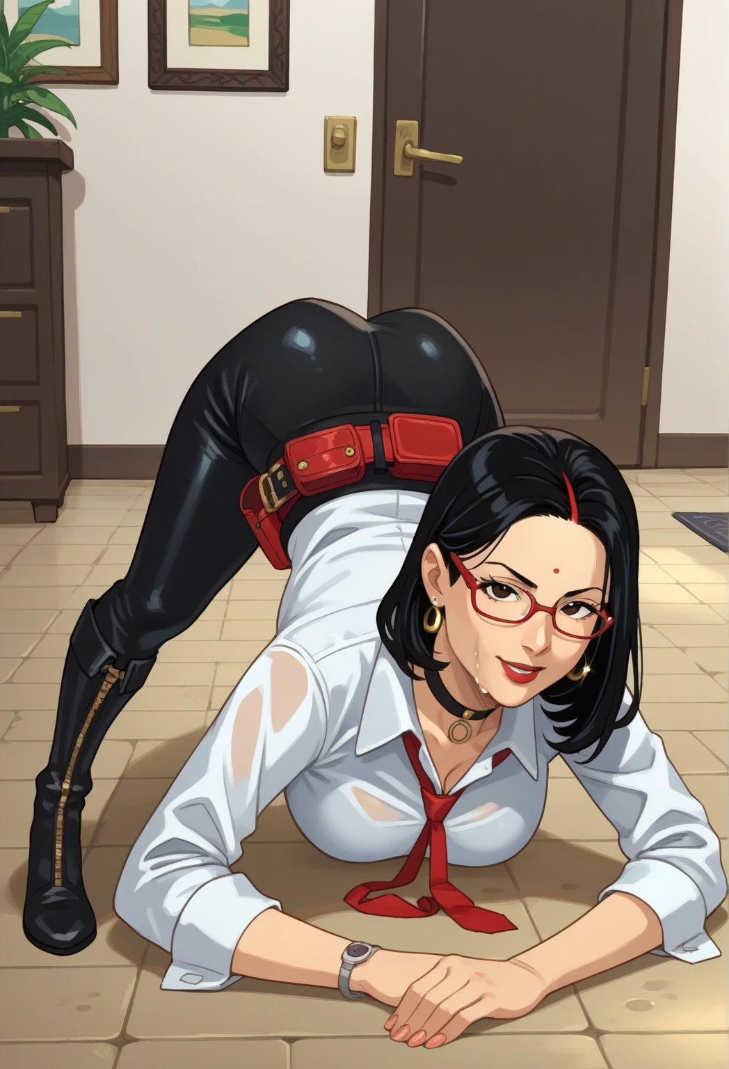 (masterpiece, best quality:1.2), detailed face, detailed eyes, elegant woman, long hair, high heeled, shiny skin, dress shirt, pants, random collar, ponytail hair, cool attitude, cool glasses, , cool, (perfect hands:1), (Neck leash 1.4) , spread legs, riped clothes