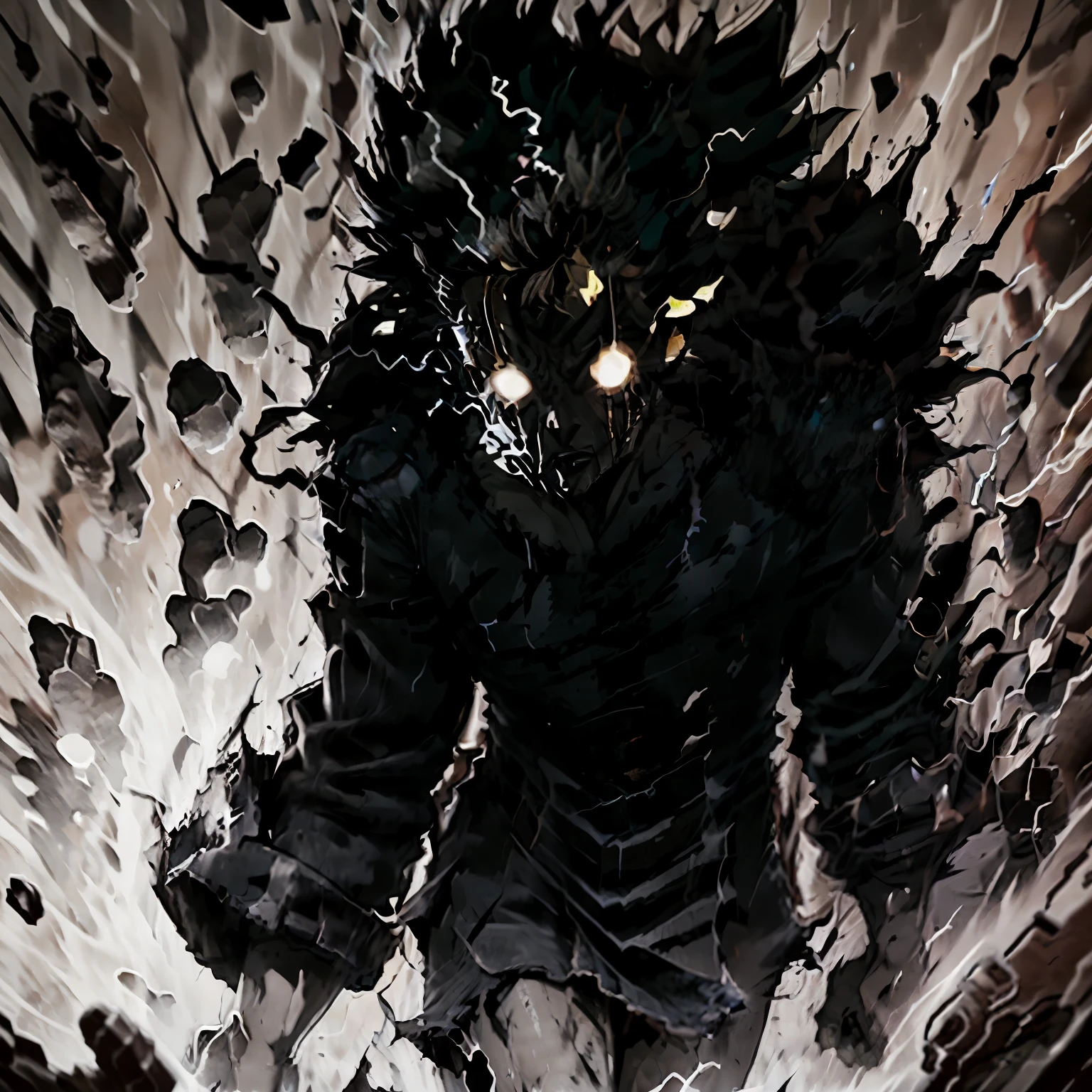 rage mode, man with, blur in eyes, white eyes, wild hair, lightning, white and black, minimalist, slowboy,