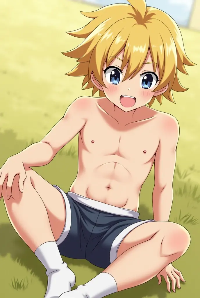 anime model of a blonde boy, With bright green eyes, naked showing his penis, normal size, a beautiful and bright smile, a face as cute as that of a god and beautiful