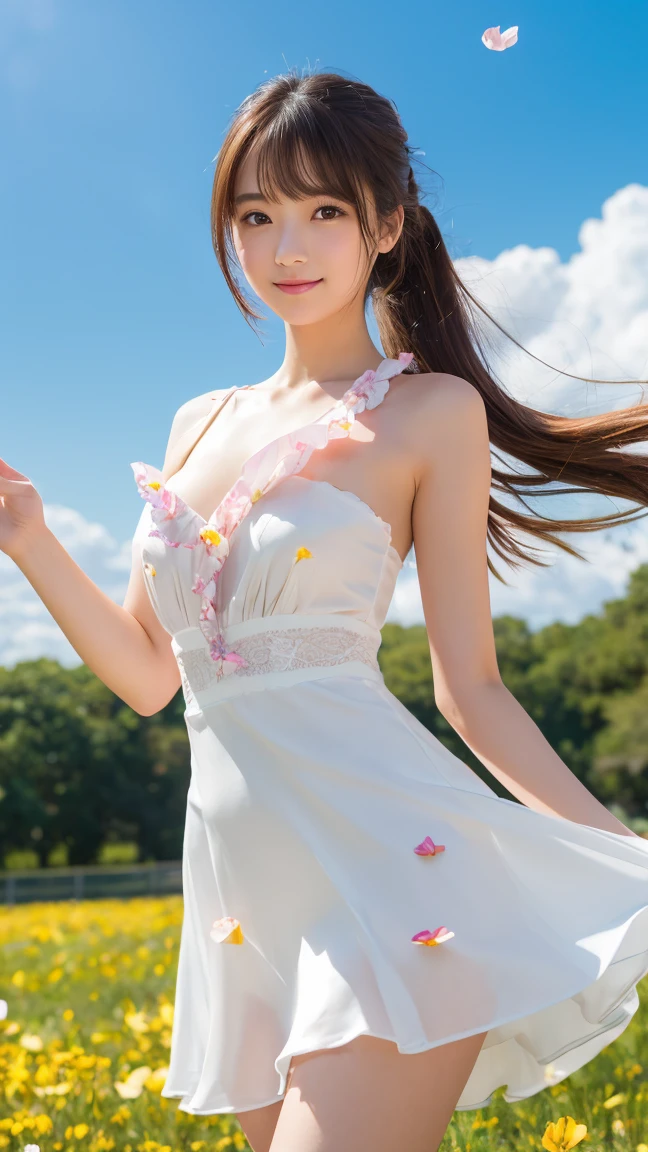 (highest quality, 32k, High resolution, Masterpiece:1.5, ), Beautiful Japanese Girl, An exceptionally beautiful face, perfect human anatomy, Magical big eyes, Smile, Shiny brown hair, Beautiful side ponytail, Asymmetrical bangs, Smooth and soft skin, white sexy bridal dress, fine silk fabric, Detailed and perfect collarbone, A mini skirt fluttering in the wind, Beautiful chest in high resolution, Slender figure with ample breasts, High resolutionの美しい太もも, (Colorful petals fluttering about:1.3), Beautiful Nemophila Field, Spring sunshine, blue sky, sparkling light effect, Professional Lighting, Professional Photographer, Professional Model