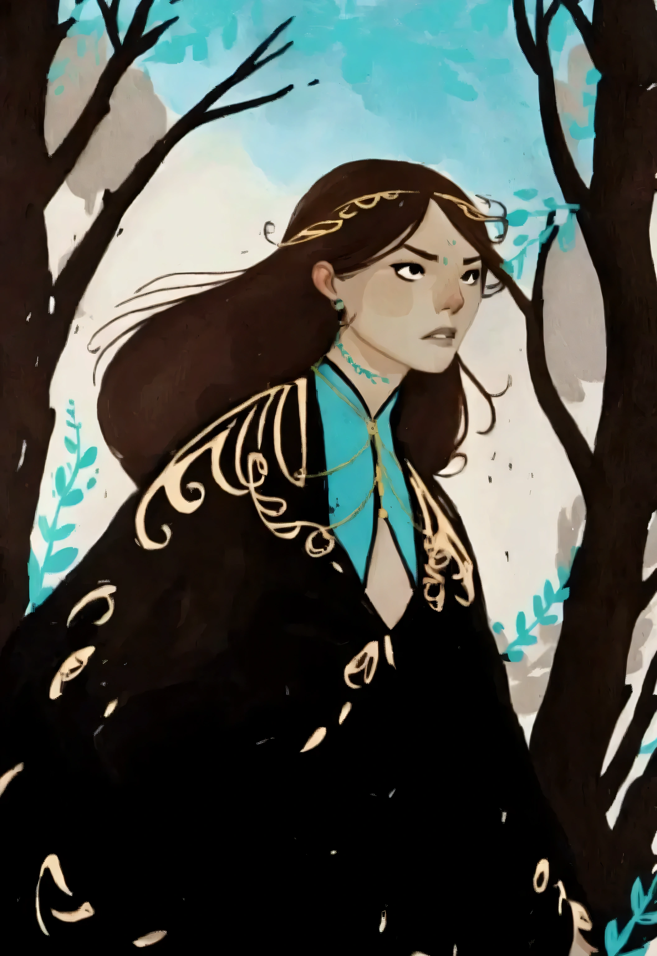 2D ART, hyper detailed gouache painting, illustration, gougoupaintleaves style, portrait of a man, 1boy, solo, black hair, long hair, male_drow:1.5, dark elf, black eyes, handsome chiseled face, detailed face, handsome features, tonned, lean body, detailed body, pointy ears, standing in a dark forest, on simple white background, full body shot, very detailed,