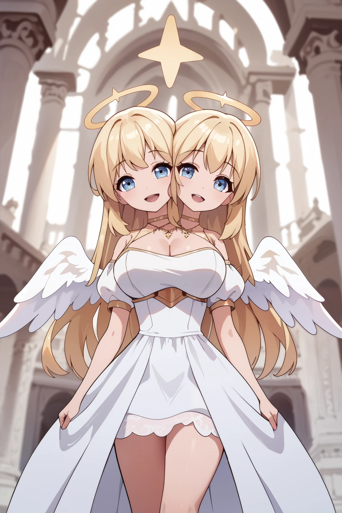2heads, a tall thin woman and  with 2 heads, angel, halo, angel wings, long hair, medium hair, blonde hair, grinning. dress, She is inside a temple. large breasts.