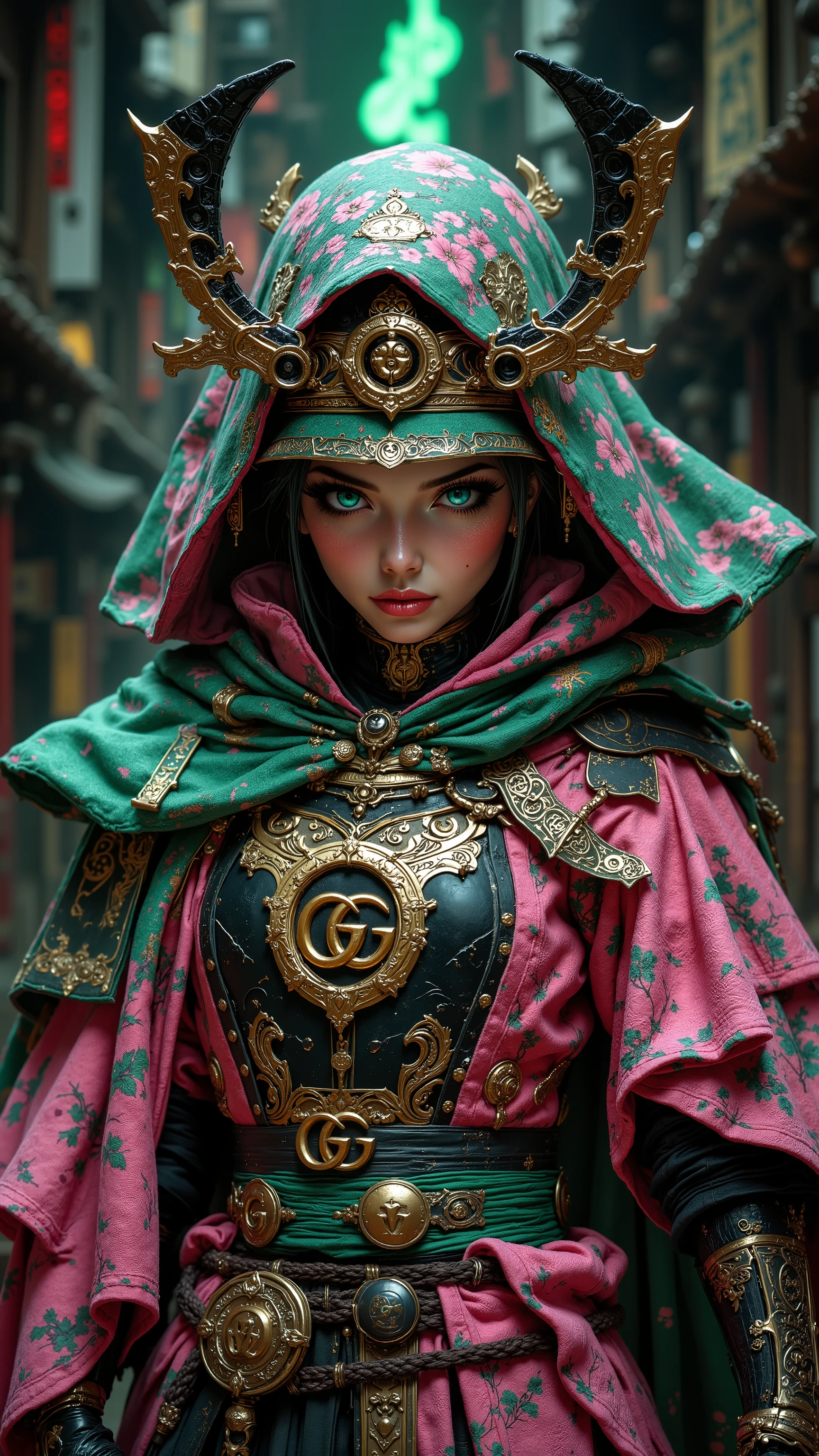 8k, masterpiece, highest quality, Surrealism, female, Gucci Samurai armor, futuristic design, pink and green color scheme,  dual katana sword, Emerald Edo Dojo, luxurious textures, monogram pattern, cyberpunk samurai, high contrast, sharp focus.