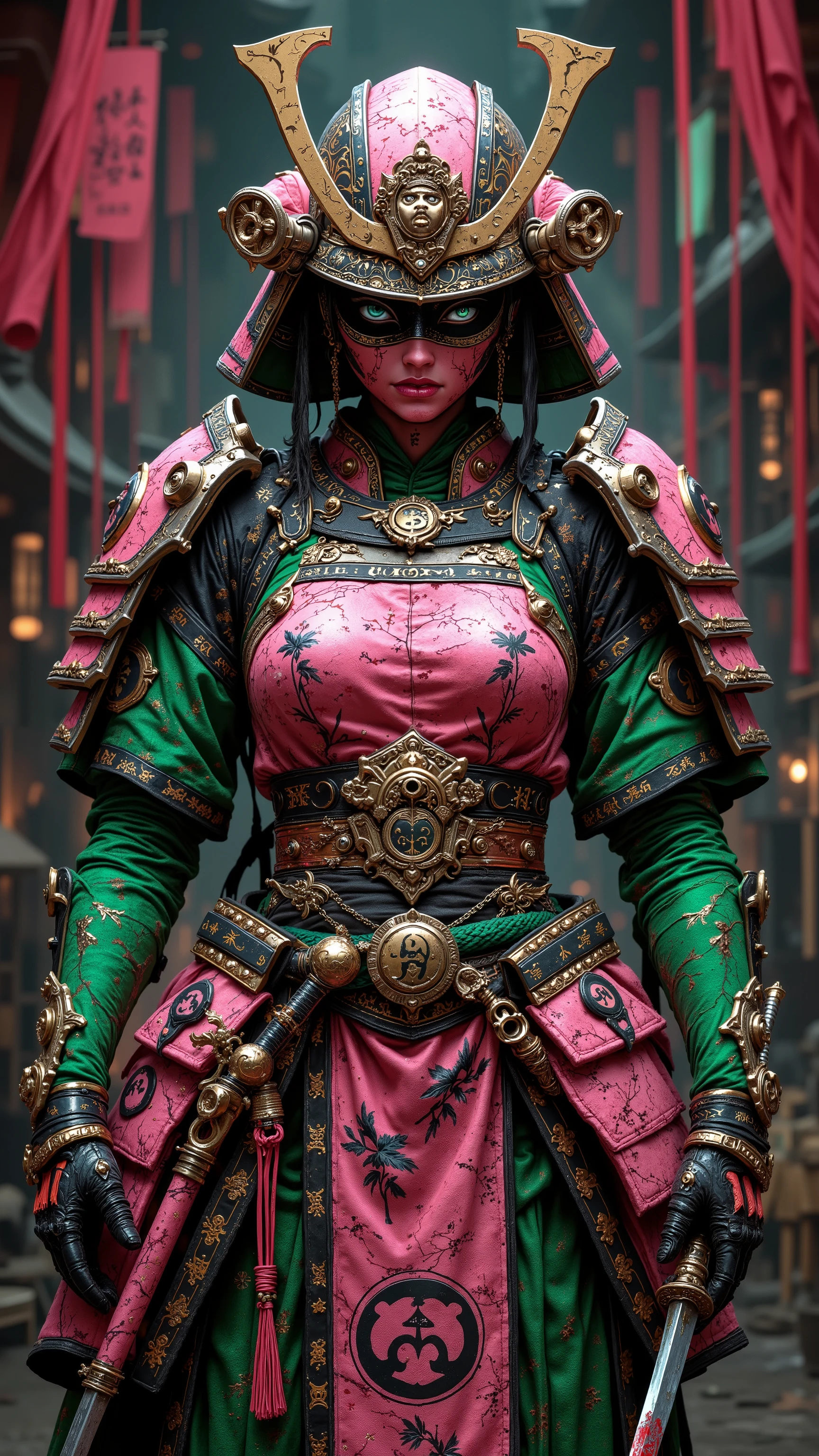 8k, masterpiece, highest quality, Surrealism, female, Gucci Samurai armor, Gucci-inspired, futuristic design, pink and green color scheme,  dual katana sword, Emerald Edo Dojo, luxurious textures, monogram pattern, cyberpunk samurai, high contrast, sharp focus.
