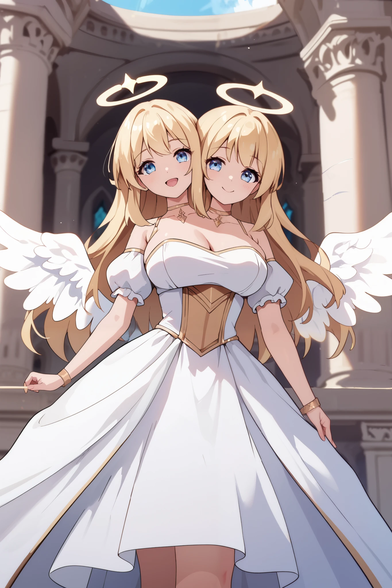 2heads, a tall thin woman and with 2 heads, angel, halo, angel wings, long hair, medium hair, blonde hair, grinning. dress, She is inside a temple. large breasts.