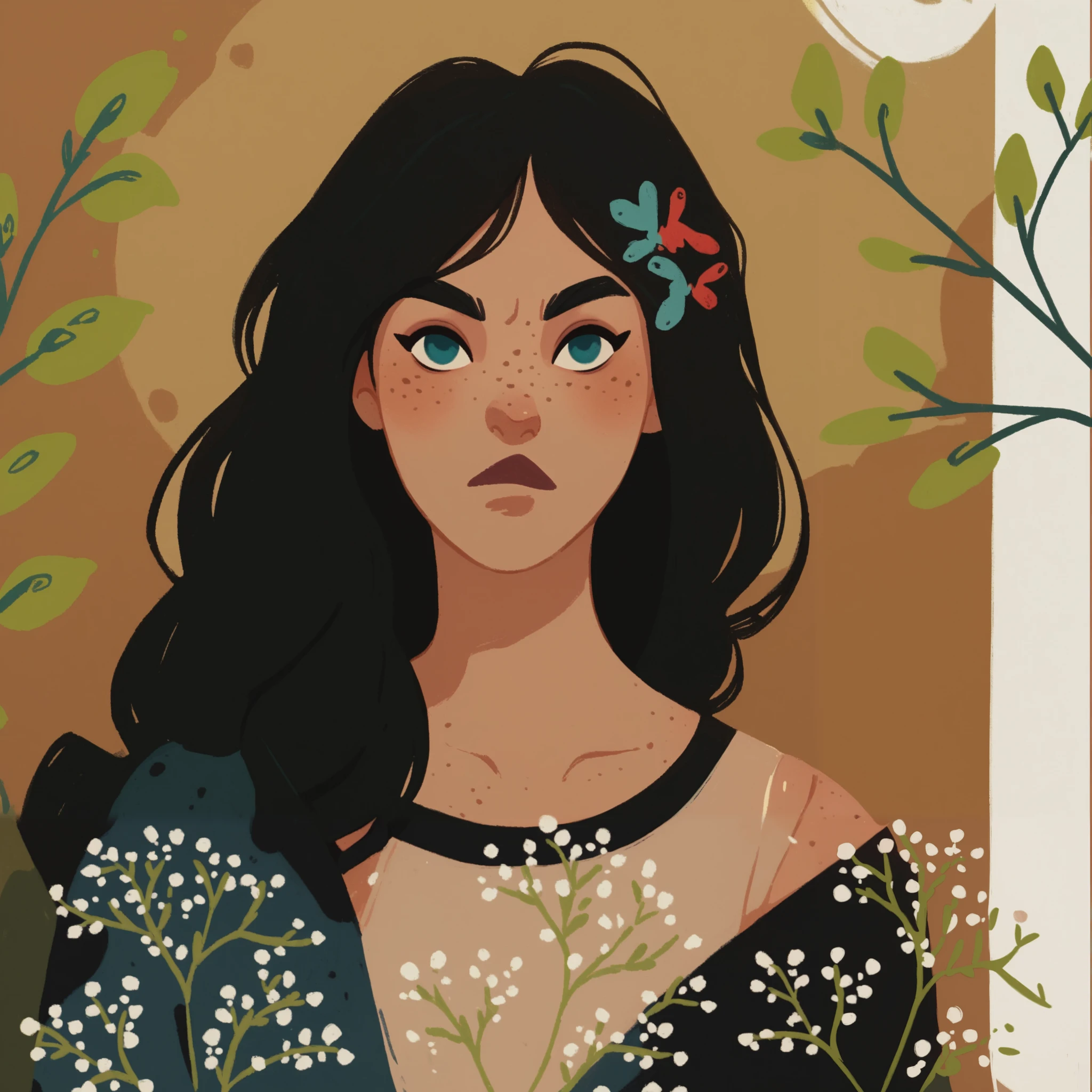 score_9, score_8_up, score_7_up, score_6_up, MSMLN, 1girl, gorgeous woman, multicolored hair, freckles, black clothing, scowl, looking at viewer, in gougoupaintleaves:1.5 style