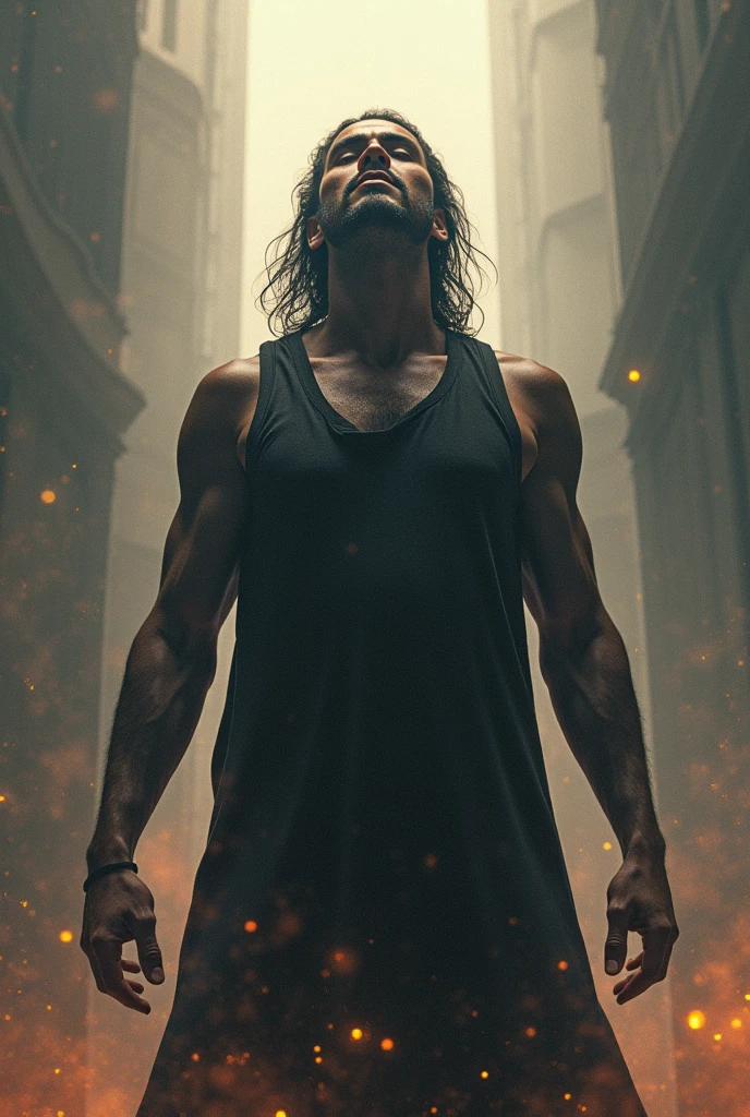 an athletic build laughing dark skin Filipino man with long hair in a hallway, nightmare