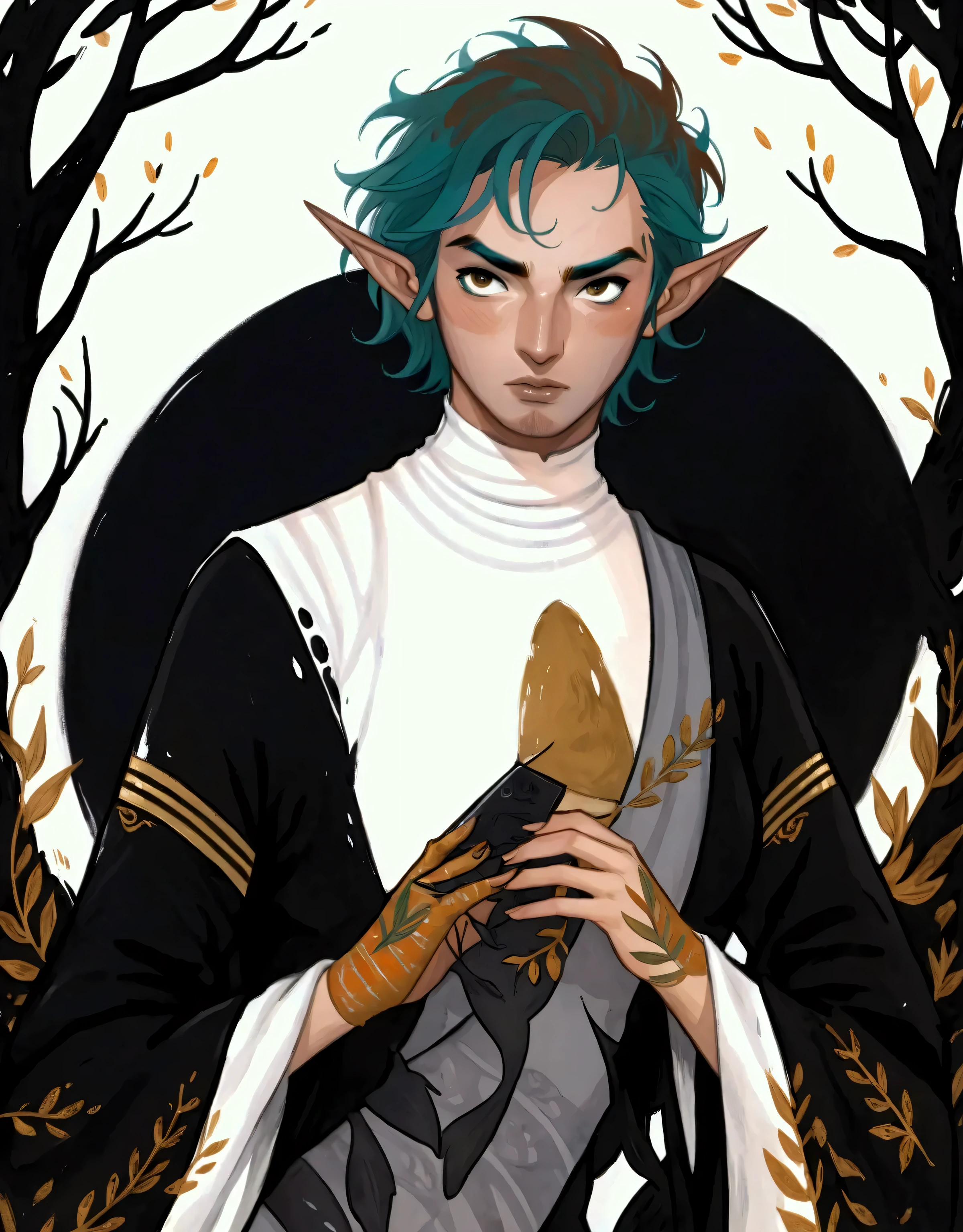 2D ART, hyper detailed gouache painting, illustration, gougoupaintleaves style, portrait of a man, 1boy, solo, black hair, side_cut_hairstyle, male_drow:1.5, dark elf, black eyes, black sclera, detailed face, handsome features, tonned, lean naked body, detailed body, pointy ears, standing in a dark forest, on simple white background, full body shot, very detailed,