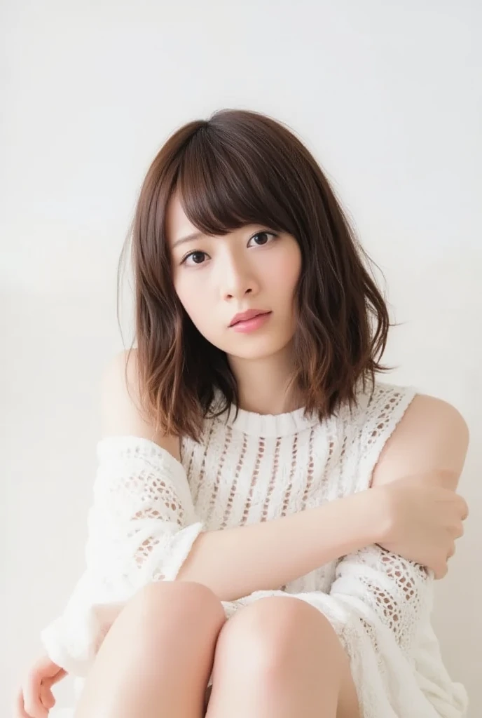 ((masutepiece,top-quality)), (photographrealistic:1.4),(((masutepiece,8K)),white wall,(white room),((full body photo))),shot in natural light,highly detailed face and skin texture,highly detailed lips,correct state of the human body,Superhigh resolution, 38 years old, s, 60mm lens, long sleeve sweat,(medium hair),Japanese woman,(beige hair),natural lip color