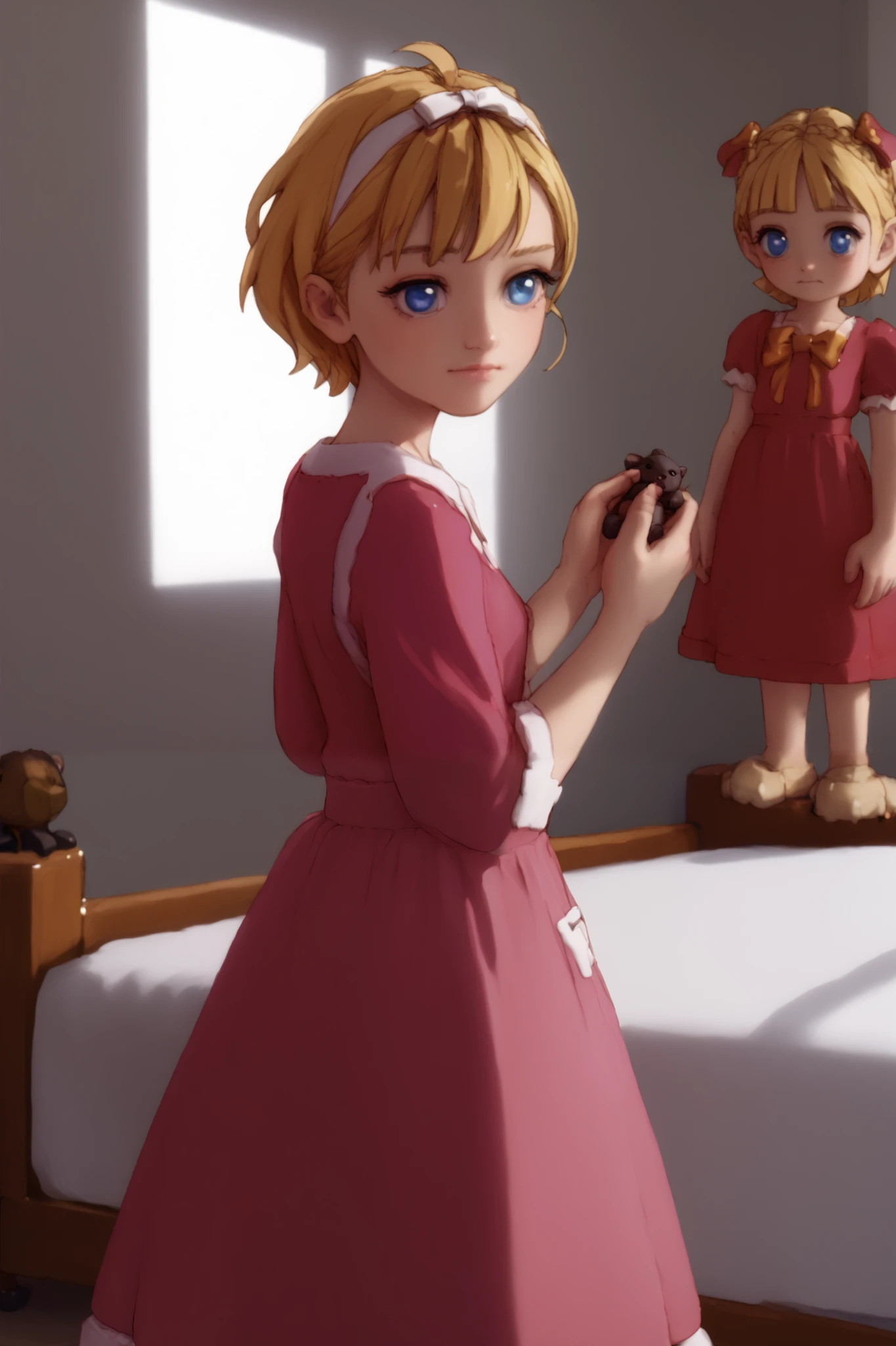 a very young ,cute cheeks Long dress in pink pajamas 、 Full image of a girl holding a teddy bear , blue eyes、 Light pink room in the background 、 short hair, mystery,bow hair, whole body,bed in the background 、 Blue eyes and short hair ,quarto feminino beautiful, beautiful, fofo, hair fringe ,penteado babydoll, blonde looking at the camera 、 A beautiful woman in a long red dress and holding a little bear is surrounded by a black teddy wolf in the background.、 Full image of the 、smaller breasts、 Closed windows
Make the entire image fit the frame 。