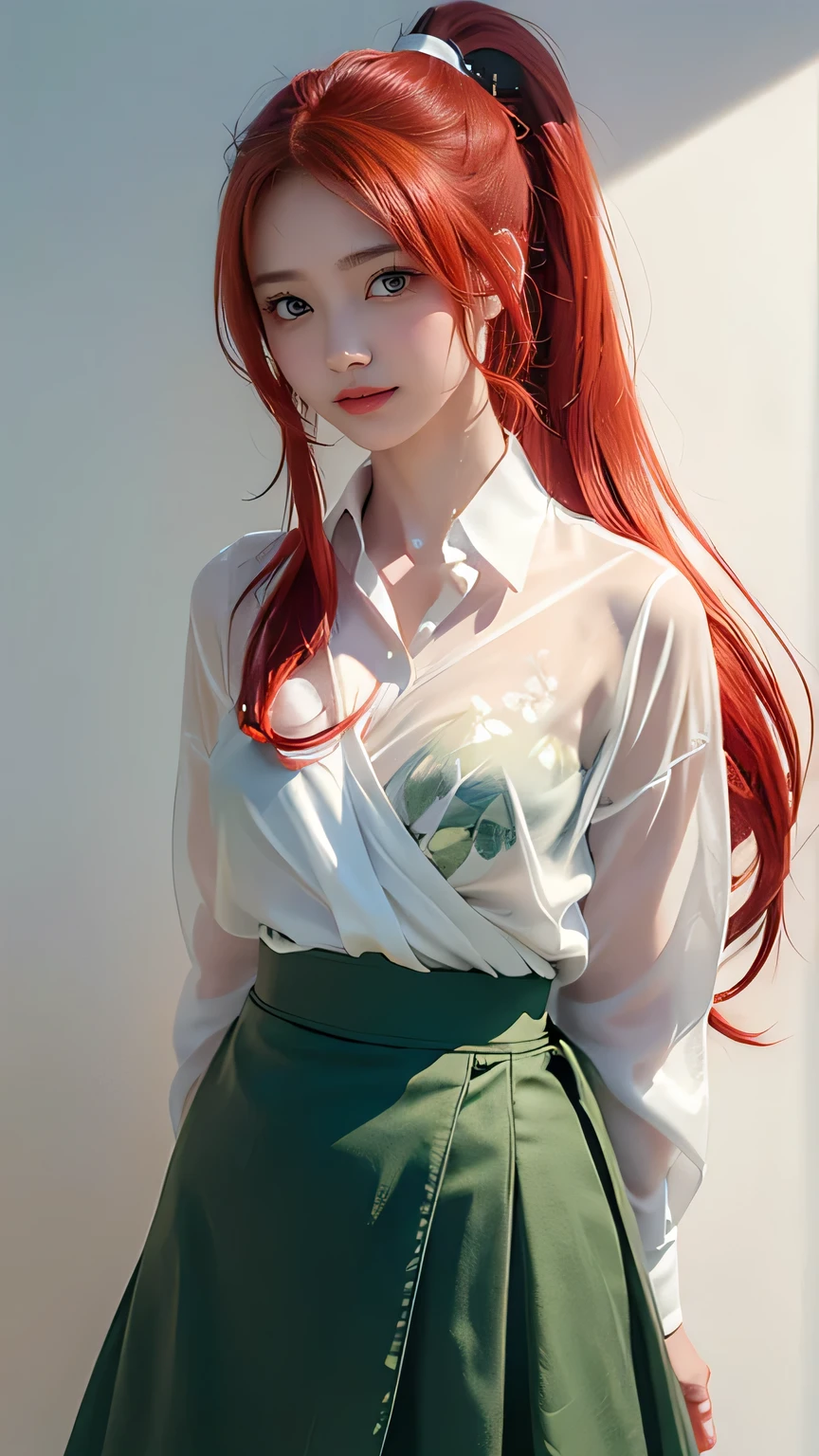 Non-NSFW、Genuine、( top quality)、(masterpiece)、 super high resolution、 RAW photos in the loop、Genuine、 bright lighting、 face light、 SMOOTH PROFESSIONAL LIGHTING 、( looking at camera:1.2)、 alone、 girl、cute girl、 Super Beauty、Genuineな肌、  MOISTURIZED SKIN、Genuineな目と顔、Perfect model figure, (green eyes:1.6)、 big eyes、 Inconspicuous tear bags 、( slim:1.2), ( high ponytail from head:1.6), (red hair:1.6),  beautiful fingers、( very long hair:1.5)、 beautiful,  Saturated Photo by Emily Soto, clavicle, (immature:1.3),  attractive, (smile:1.2), ( big breasts), ((photorealistic)), (red hair:1.4),  small ass in plain black, ( beach), (beach in holyday), (White sheer shirt:1.4), (Floral Wrap Skirt :1.3), ( standing:1.2)
