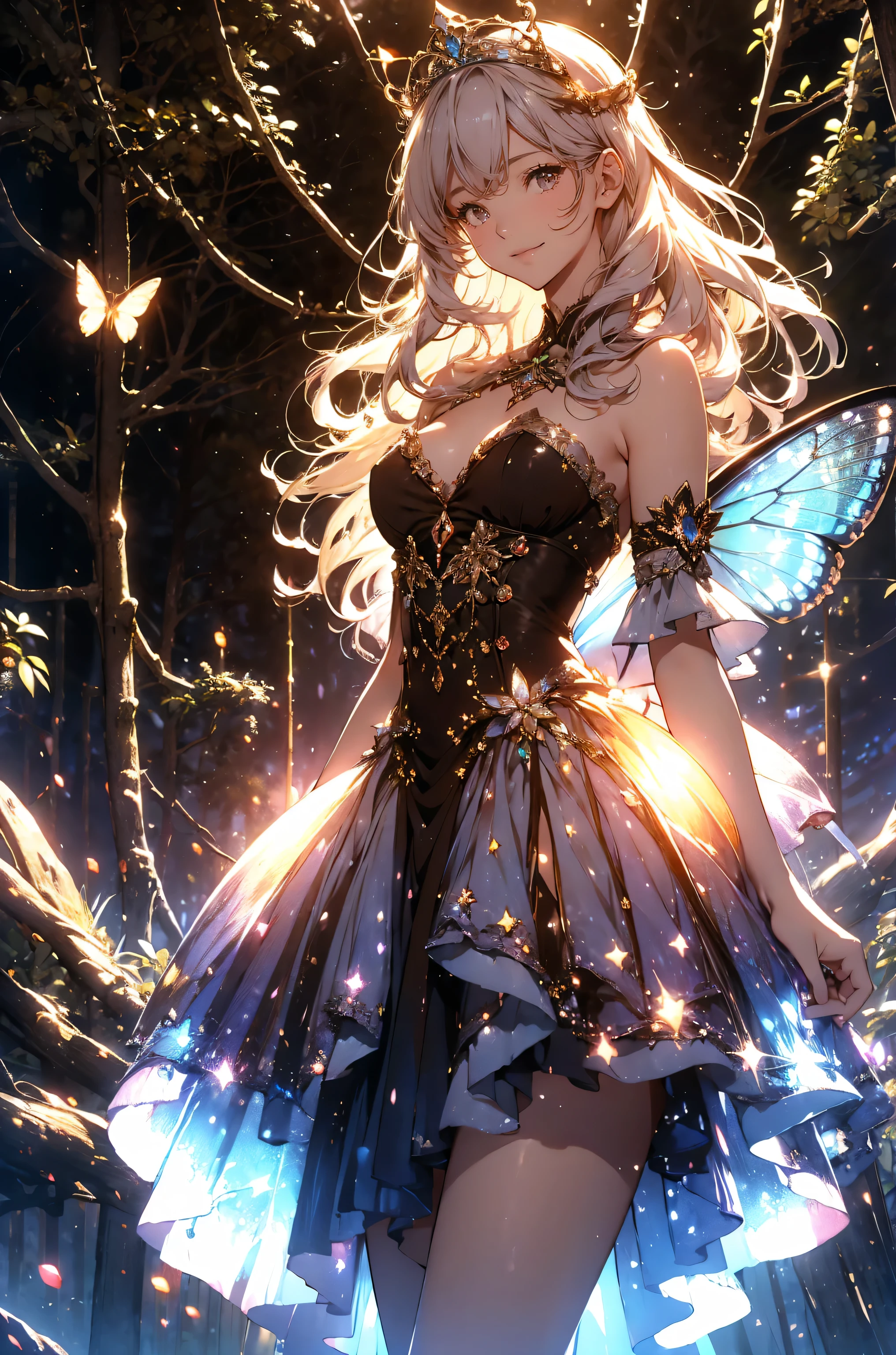 A beautiful girl in a magical forest,Surrounded by glowing fireflies,With a charming smile on his face,Wearing an elegant flowing skirt,Exquisite facial details,Stunning background scenery,The details are complicated,Level lighting effects,Bright colors,Digital works,Highly detailed,lifelike,8K resolution,Award-winning artwork。