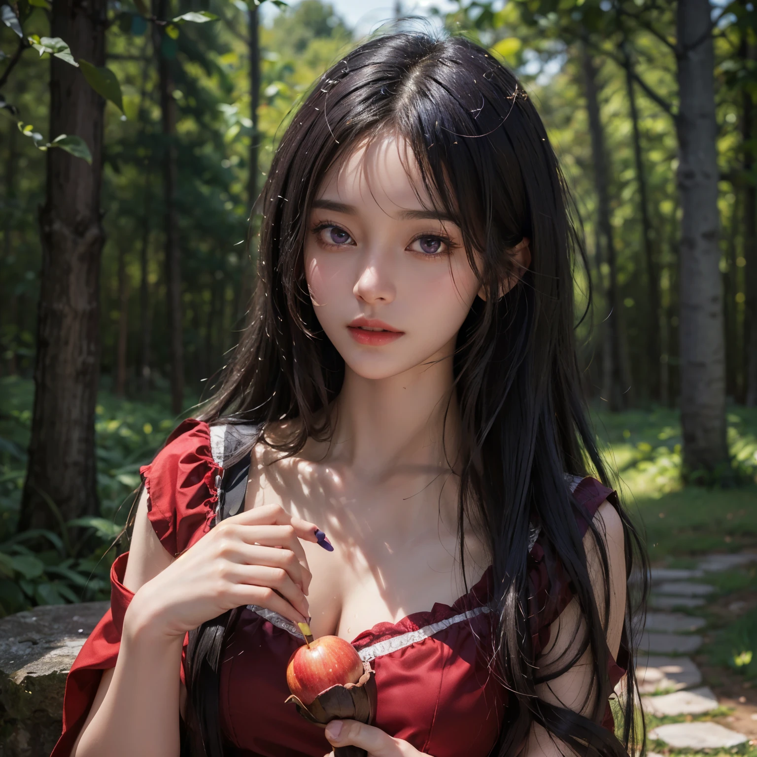 17 years old、woman、whole body、Evil Smiley Face, Red eyes, Iris, Small breasts、forest、Chest empty