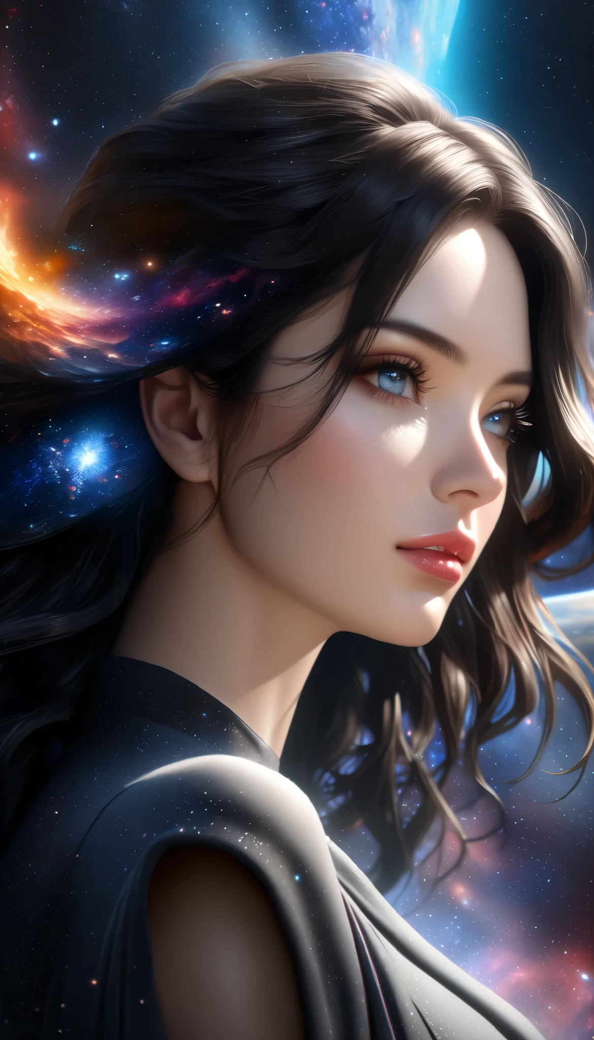Starlight，Role INTP，Absolutely beautiful women，mystical colors，self-assured，Full body photo，Face the screen head-on，Gentle eyes，Look at ease，Bright clothes