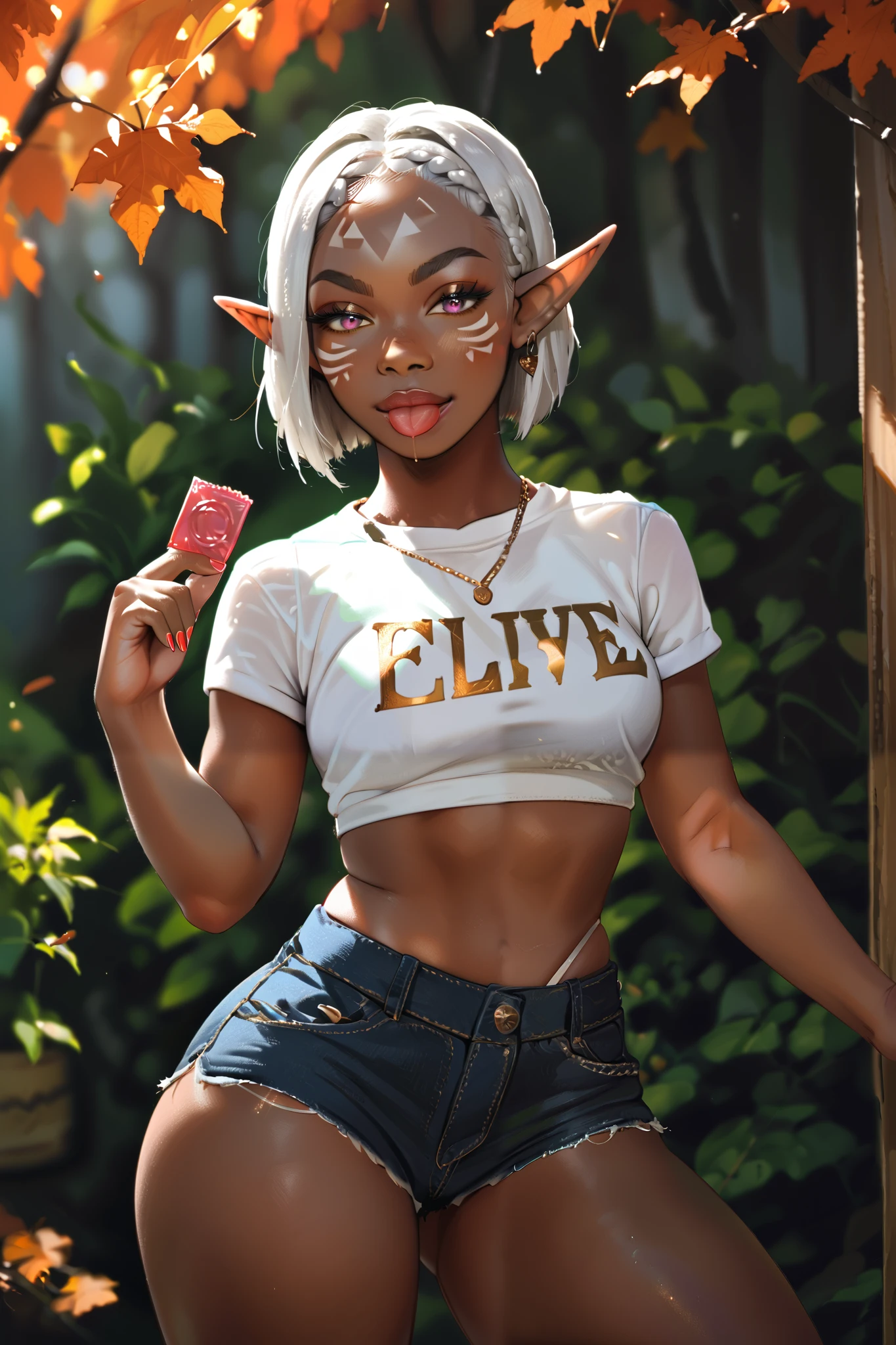 Create a high-resolution wallpaper image of a mature female elf in an autumn maple forest, with very few fallen leaves scattered around. The voluptuous elf has deep brown skin, silver bob cut hair, and v-shaped eyebrows, with pink eyes and heterochromia. She is standing in a seductive pose, wearing a cropped shirt and short shorts that accentuate her ample hips and huge, ridiculously round and gorgeous ass. Her face is adorned with glamor makeup, including lipstick, lip gloss, and face paint, with long fingernails painted in nail polish. She has elf ears and a long tongue sticking out, giving an oral invitation. The naughty elf is holding a condom, teasingly pointing at the viewer with a seductive smile. The image captures her naughty and alluring expression, with a profile and cowboy shot angle, creating depth of field and contour deepening. The elf is looking directly at the viewer, making eye contact, in an indoor setting with a valentine theme.