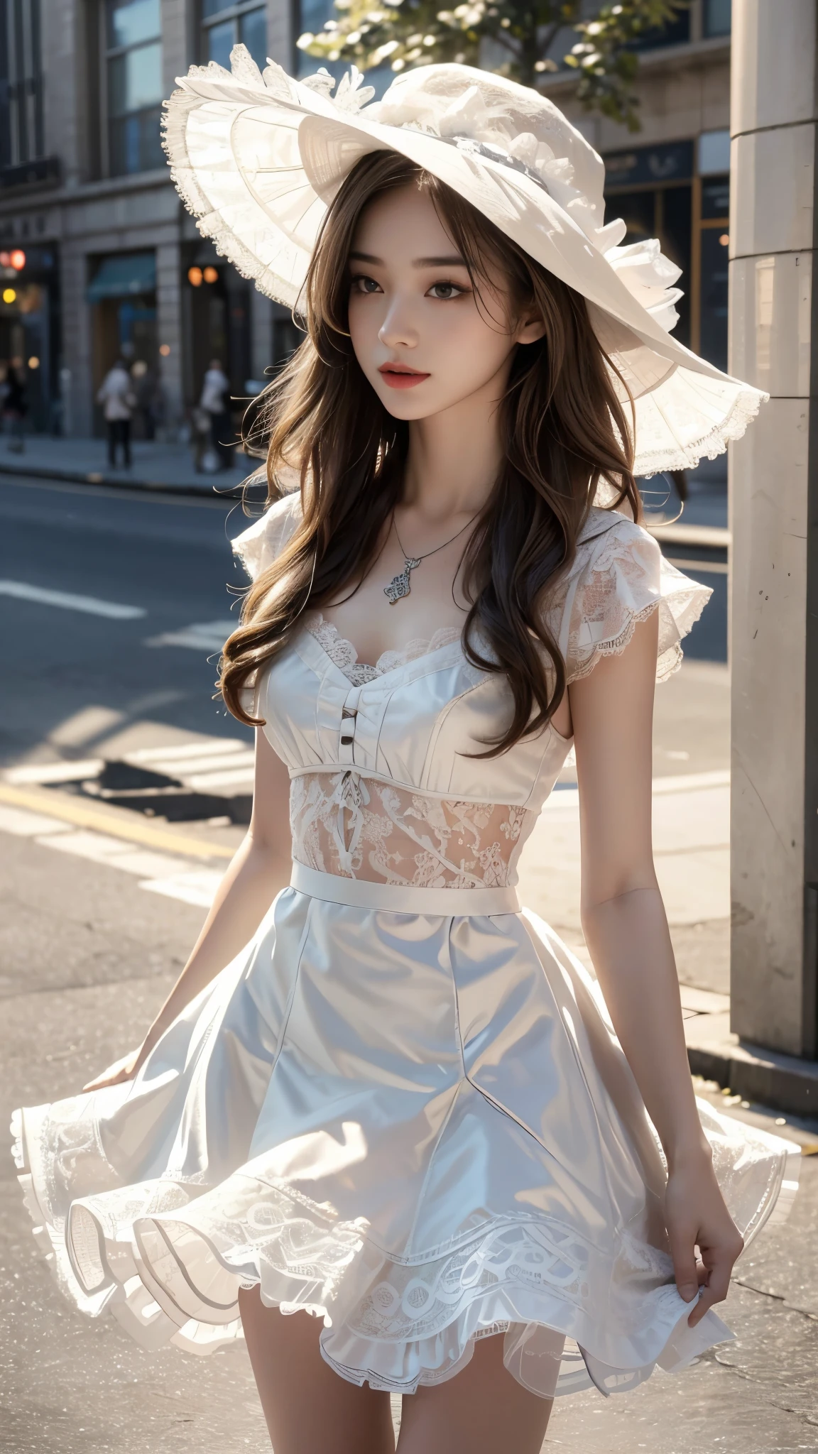 ((knee shot)), Shot from a random perspective, 22-year-old Asian model, slim, Slimming the waist, curlies, White thin silk fabric lace petticoat, cropped shoulders, warm lights, Warm tones Slender legs, Cross ed leg, In the park, Walking casually, warm lights, a warm color palette, Dynamic pose, posing elegantly, blonde hair, streaked hair, hair ornament, heart-shaped pupils, makeup, light smile, shy, licking lips, Romanticism, Social realism, chiaroscuro, motion blur, anaglyph, Sony FE GM, UHD, masterpiece, textured skin, super detail, best quality