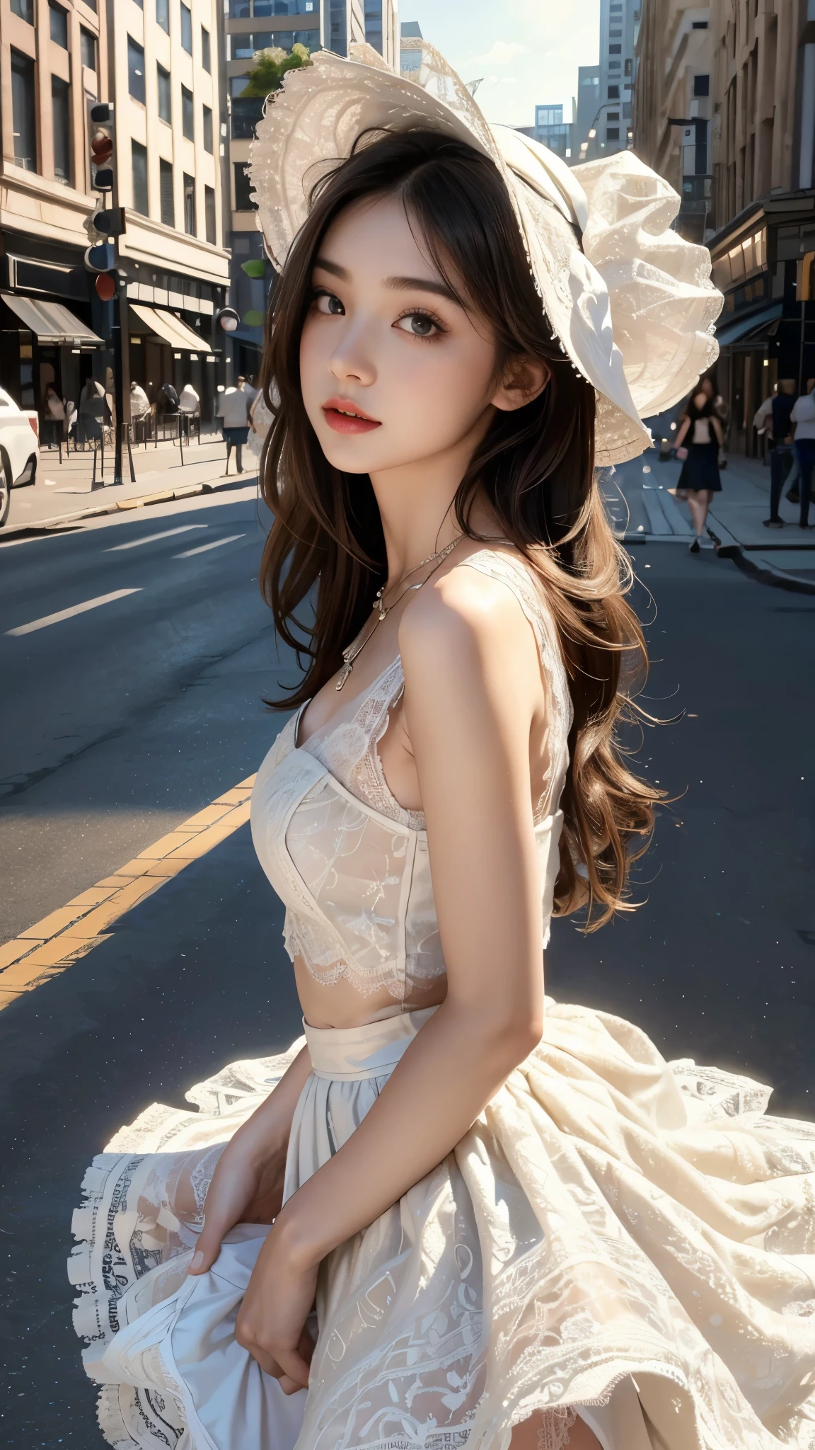 Romantic Rosette dress2, fashi-girl, red lips, mature female, makeup, Big eyes. Pretty eyes, ((Random shooting angles)), (best quality, masterpiece:1.2), ultra-detailed, (realistic:1.37), beautiful, youthful, glamorous model with (detailed eyes, detailed lips, extremely detailed eyes), with white and floral colors, showcasing a radiant smile, slender figure, long legs, creating a breathtaking depiction of a girl enjoying the sunshine, Outdoor sports, the beach, on the pier, Warm tones, extremely high color saturation, official art, extremely detailed CG unified 8k wallpaper,(High dynamic range :1.4), (cinematic),(soft colors, dull colors, soothing tones :1.3), (natural skin texture, ultra-realistic, soft light, sharp),(very detailed), Evening, autumn, autumn maple leaves, professional lighting, leaning against the guardrail, looking into the distance