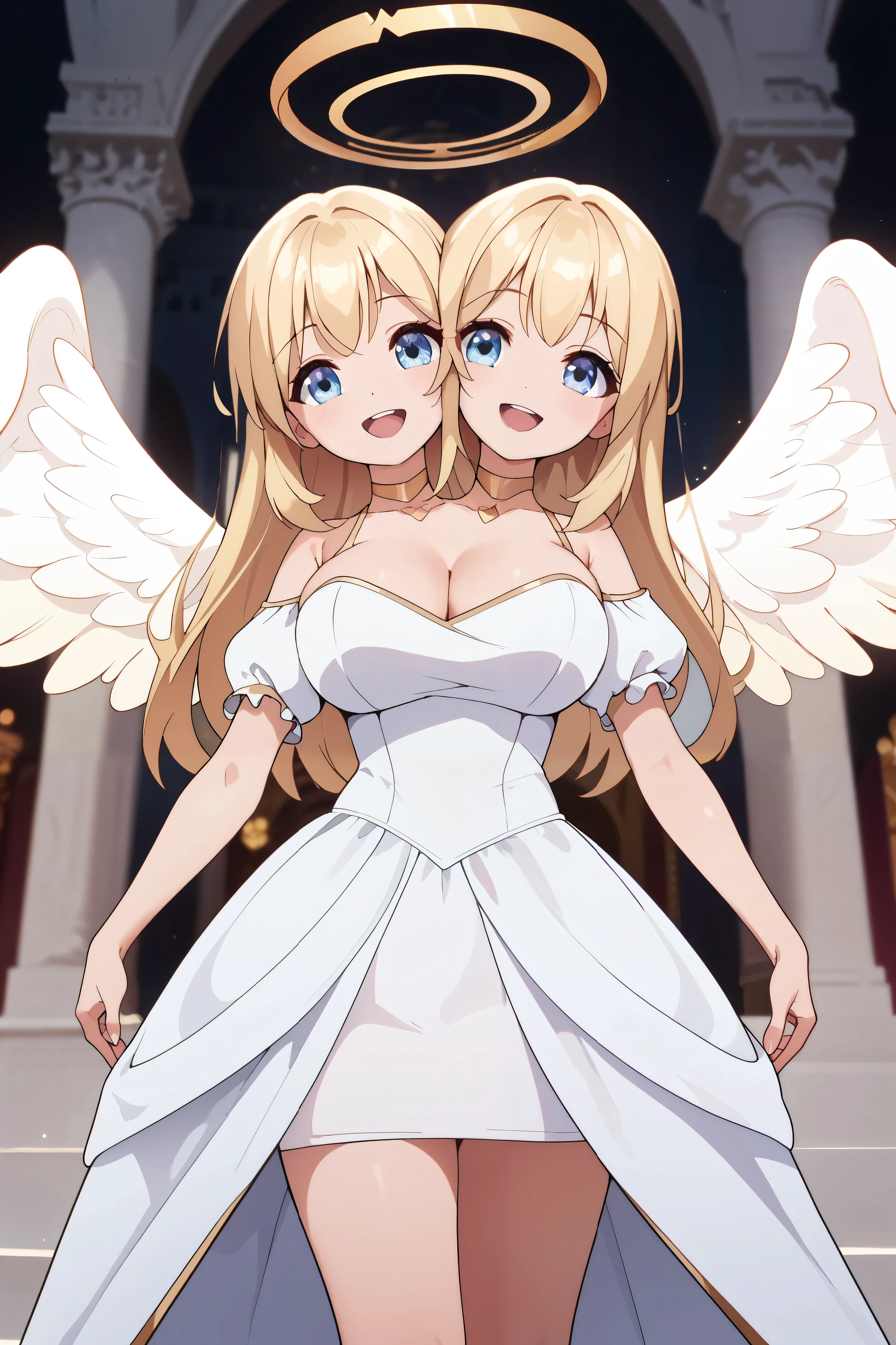 2heads, a tall thin woman and with 2 heads, angel, halo, angel wings, long hair, medium hair, blonde hair, grinning. dress, She is inside a temple. large breasts. front view