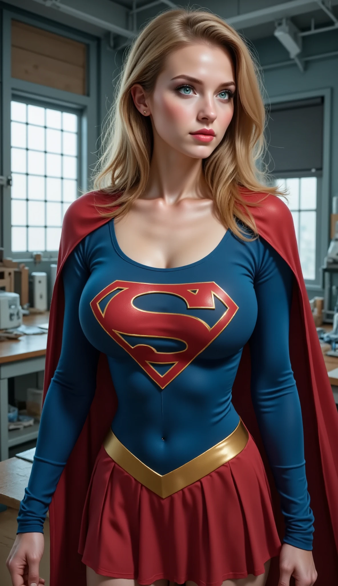 3 STAGE 3 PANEL TRANSFORMATION. (THE STORY OF SUPERGIRL) STAGE 1: a brilliant but socially awkward young AGE BLONDE NERD SCIENTIST, WEARING CASUAL CLOTHES while working late in her TOP SECRET LAB AND DRINKS a revolutionary serum USING BOTH SUPERMANS AND SUPERGIRLS DNA. STAGE 2:When tested, the formula unexpectedly grants her superhuman abilities AS HER BODY GROWS AND CHANGES.STAGE 3: LEANING/BENDING OVER HER LAB DESK SEDUCTIVELY, NOW WEARING A CLASSIC 1980 SUPERGIRL COSTUME AND CAPE HER BOOBS STRAINING AGAINST THE FABRIC OF HER SUPERGIRL COSTUME. LIGHT PALE BLUE EYES.