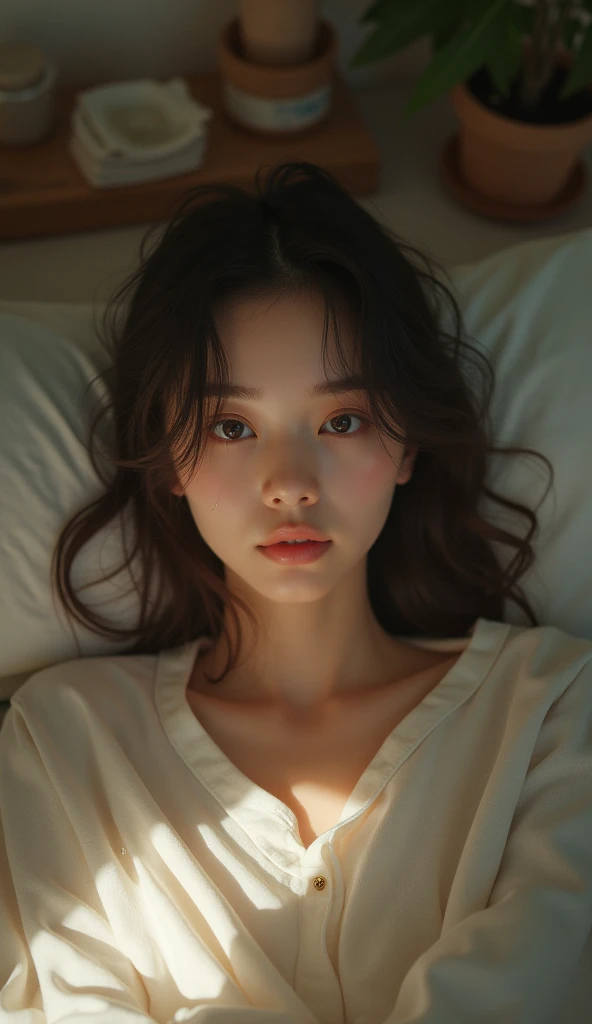 a close up of a person laying on a bed, beautiful japanese girls face, young female face, detailed face of a asian girl, clear cute face, closeup on face, closeup face, anime girl in real life, sad look, pouty lips, close camera, soft round face, very very very beautifull face, upclose, small nose with freckles