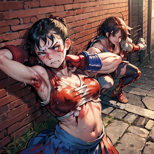a male streetfighter is punching into female streetfighter's body so hard in the backstreet. a bloody beautiful young Japanese female fighter is being beated terribly by a male fighter. She is cornered on the fences by the male. Blood is dripping from her nose. She is covered in scars and bruises. she is damaged terribry. Short-cut black hair, out of breath, drooling from mouth, crying, exhausted, drenched in sweat. Erect nipples. open finger glove. tanktop, denimshorts
