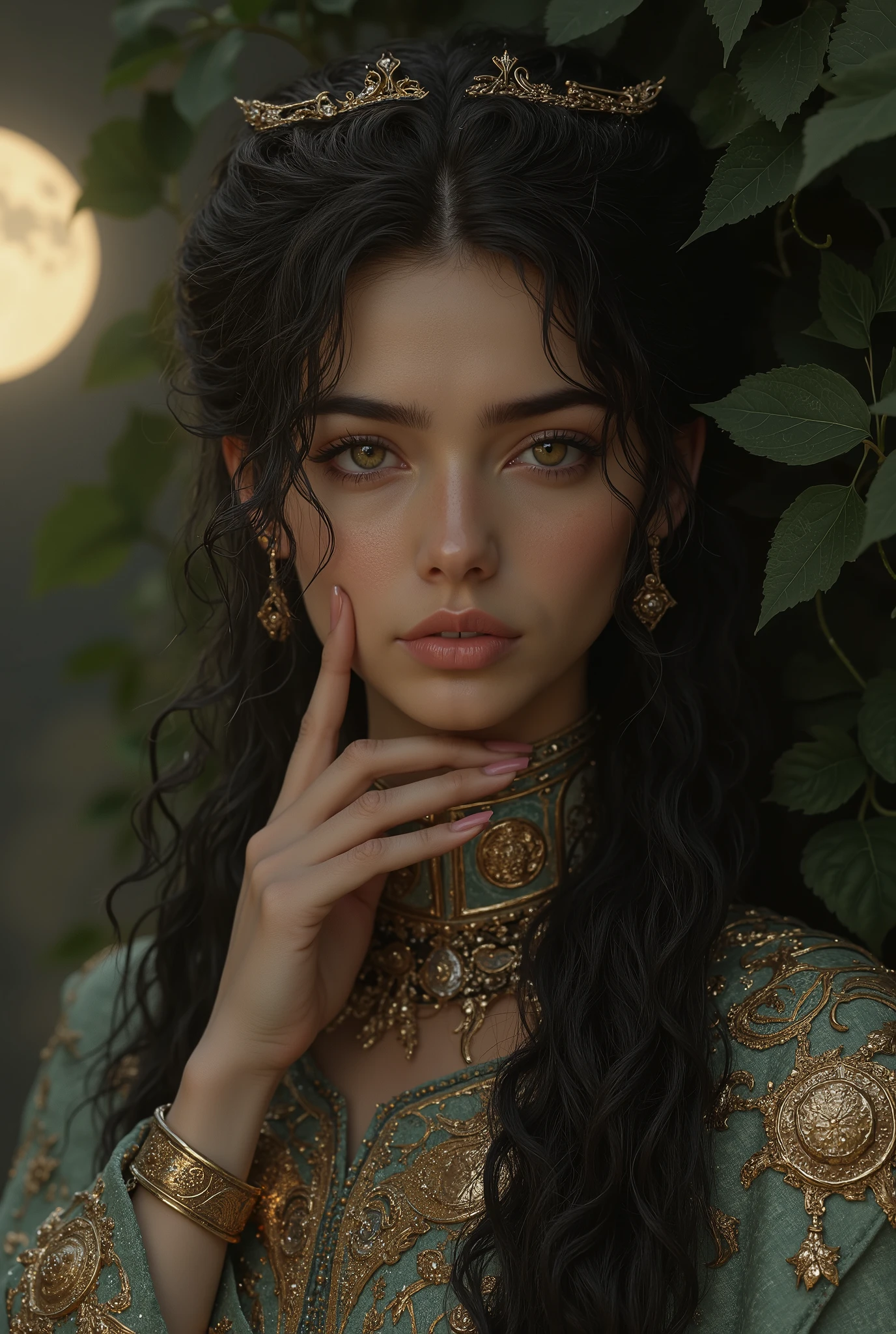 A masterpiece portrait of a mature, intellectual Arabian princess with a serene expression, long dark curly hair in an elaborate updo with hairpins, soft pink lips, and a close-up of her delicate face and hands, set against a backdrop of lush green foliage and a full moon, highly detailed, photorealistic, 8k, HDR, cinematic lighting, muted color palette